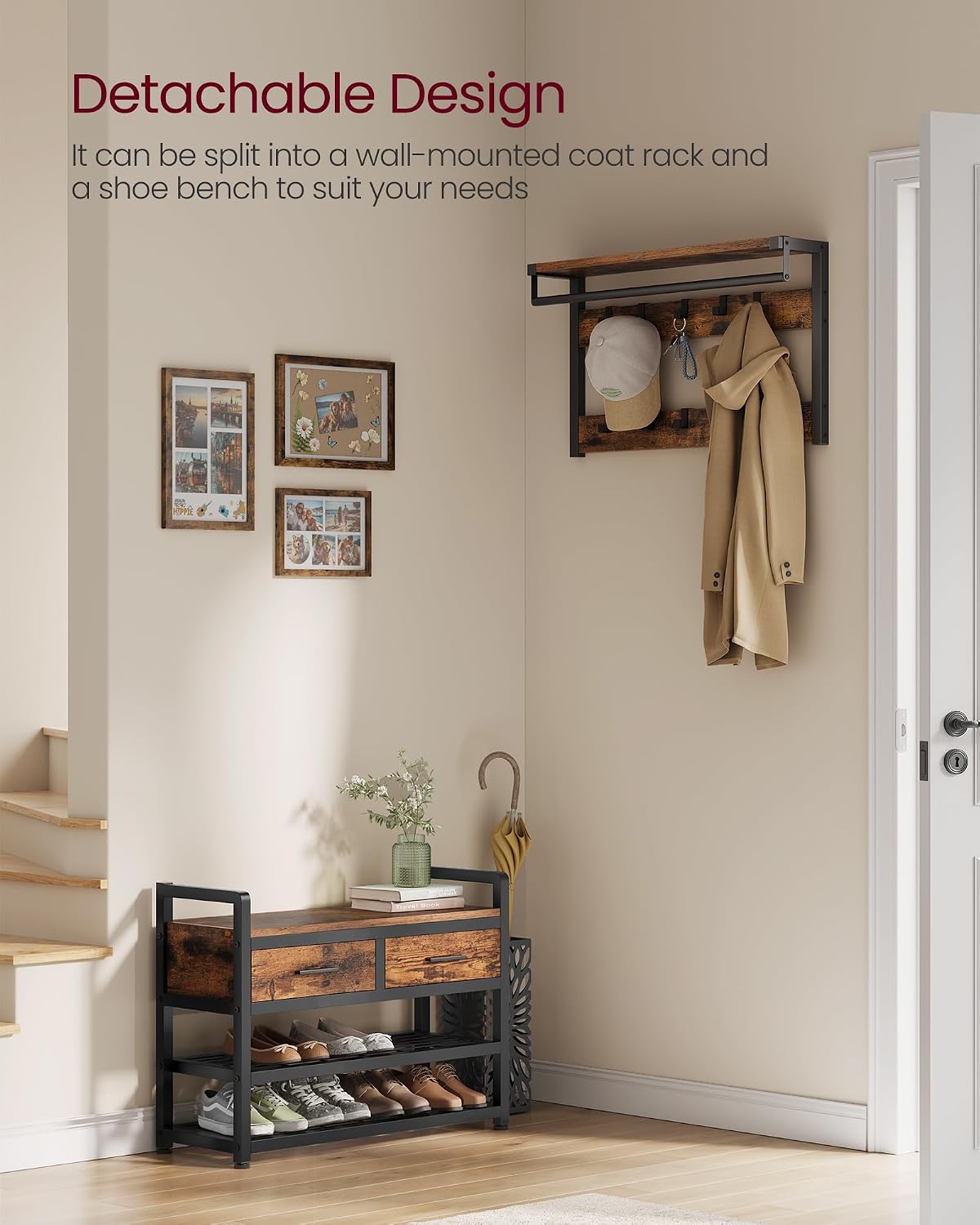 Detalle 1 de VASAGLE UHSR429B01 Hall Tree with Bench, 10 Hooks and Fabric Drawers