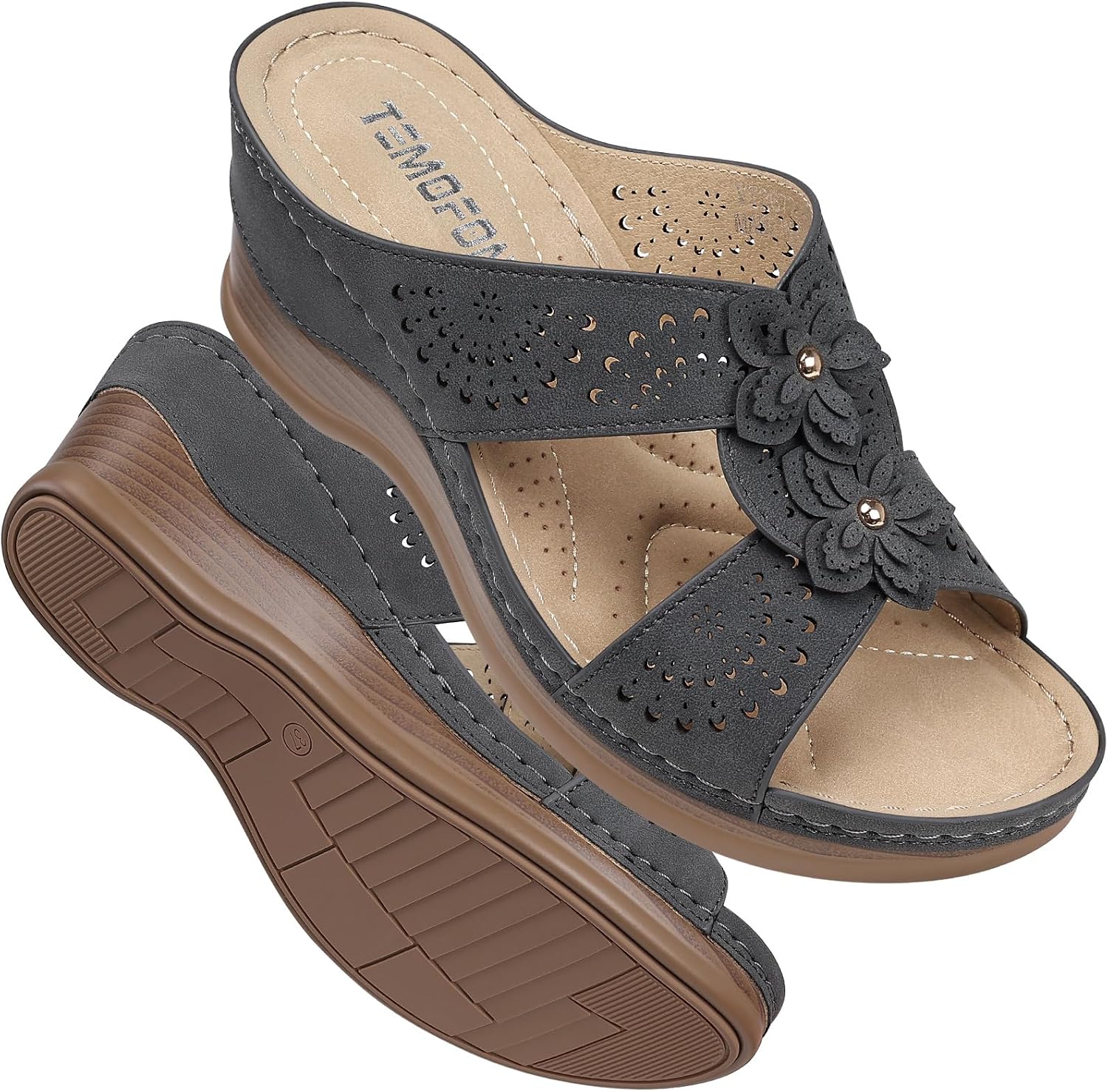 Thumbnail 6 de TEMOFON Women’s Low Wedge Leather Sandals (Rubber Sole) — Wide Sizes 5–11