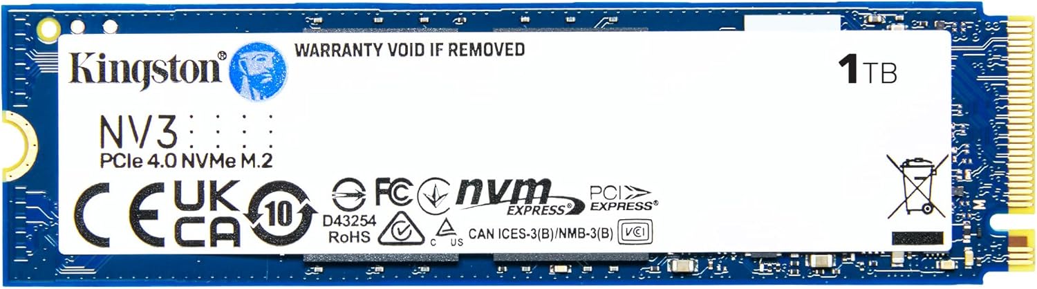 Detalle de Kingston NV3 1TB M.2 NVMe SSD (Gen4) — PCIe 4.0 speeds up to 6000 MB/s for fast upgrades