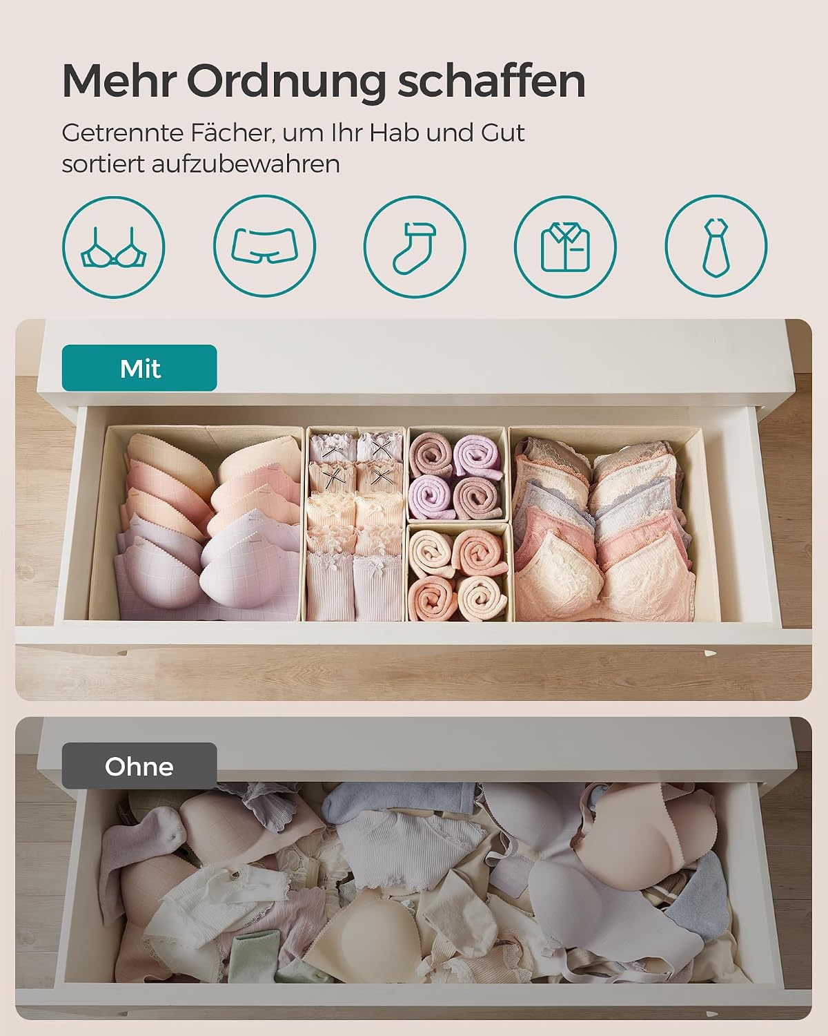 Detalle de SONGMICS Aufbewahrungsbox für Schublade – 12er Set, Faltboxen aus Stoff RDZ006Y02 (sandbeige)