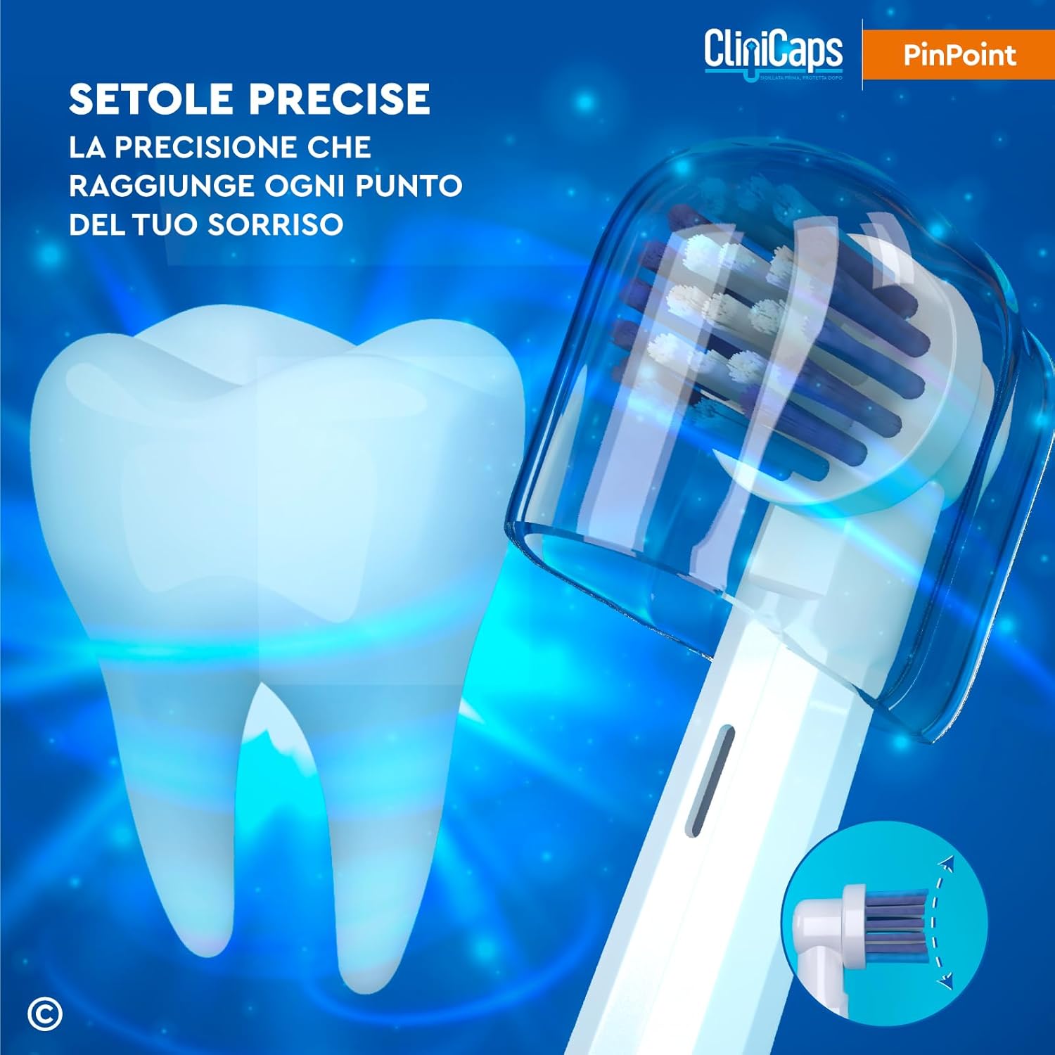 Detalle de 20 Testine Spazzolino Elettrico PinPoint CliniCaps: Ricambio Compatibile con Oral-B, Con Bustina Asettica e Cappuccio Protettivo