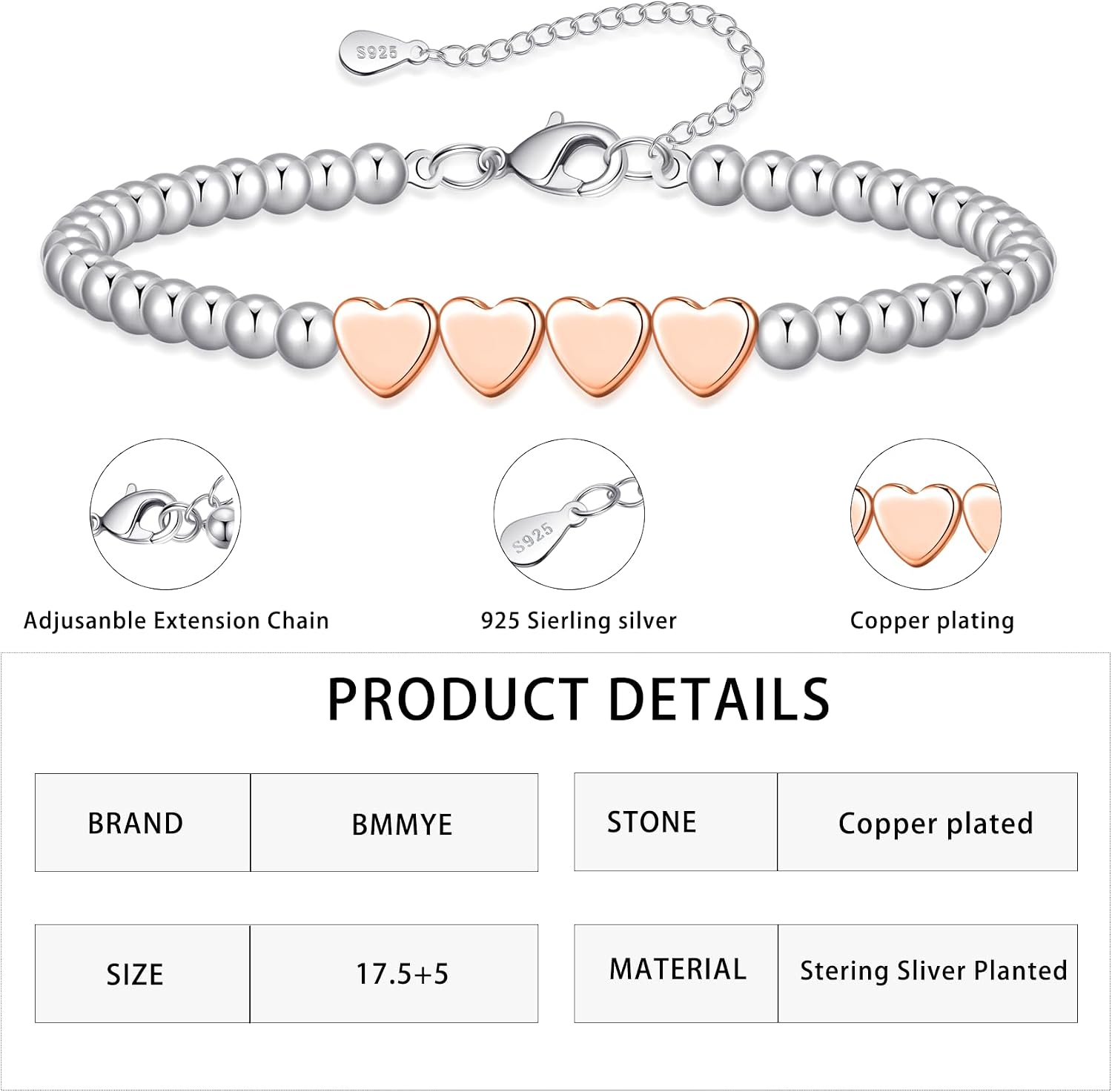 Thumbnail 2 de BMMYE 40th Birthday Silver Bead Bracelet with Rose Gold Hearts – Adjustable Sterling Silver Gift