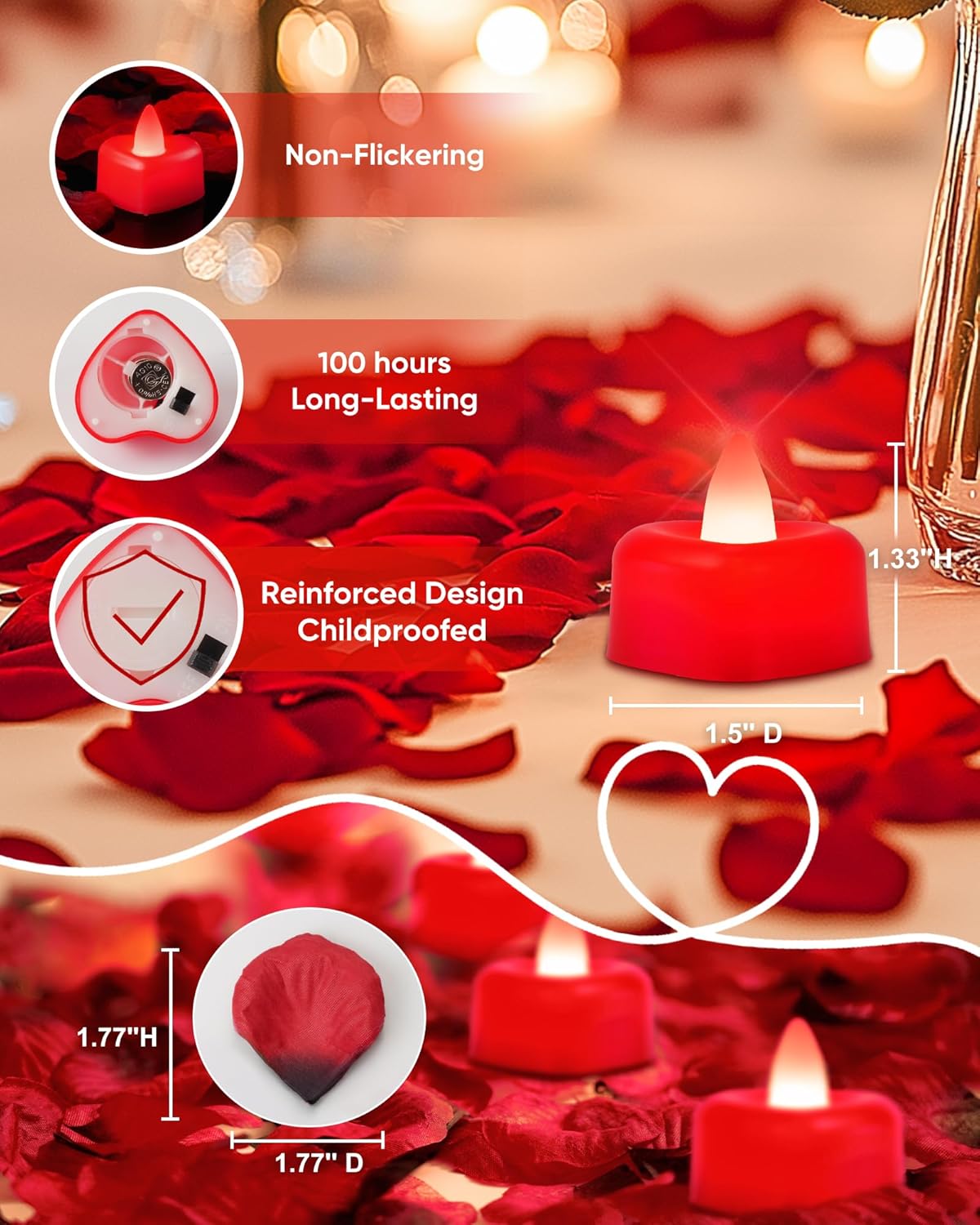 Thumbnail 1 de Homemory 2000 artificial rose petals with 24 red heart flameless battery tealights