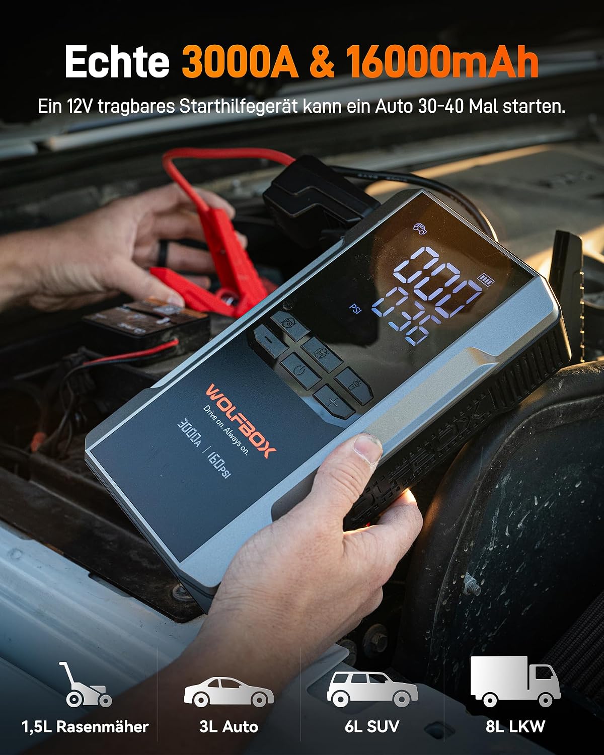 Detalle de WOLFBOX 2000A Starthilfe Powerbank mit Luftkompressor (150 PSI) und LED-Notlicht, 10.000 mAh