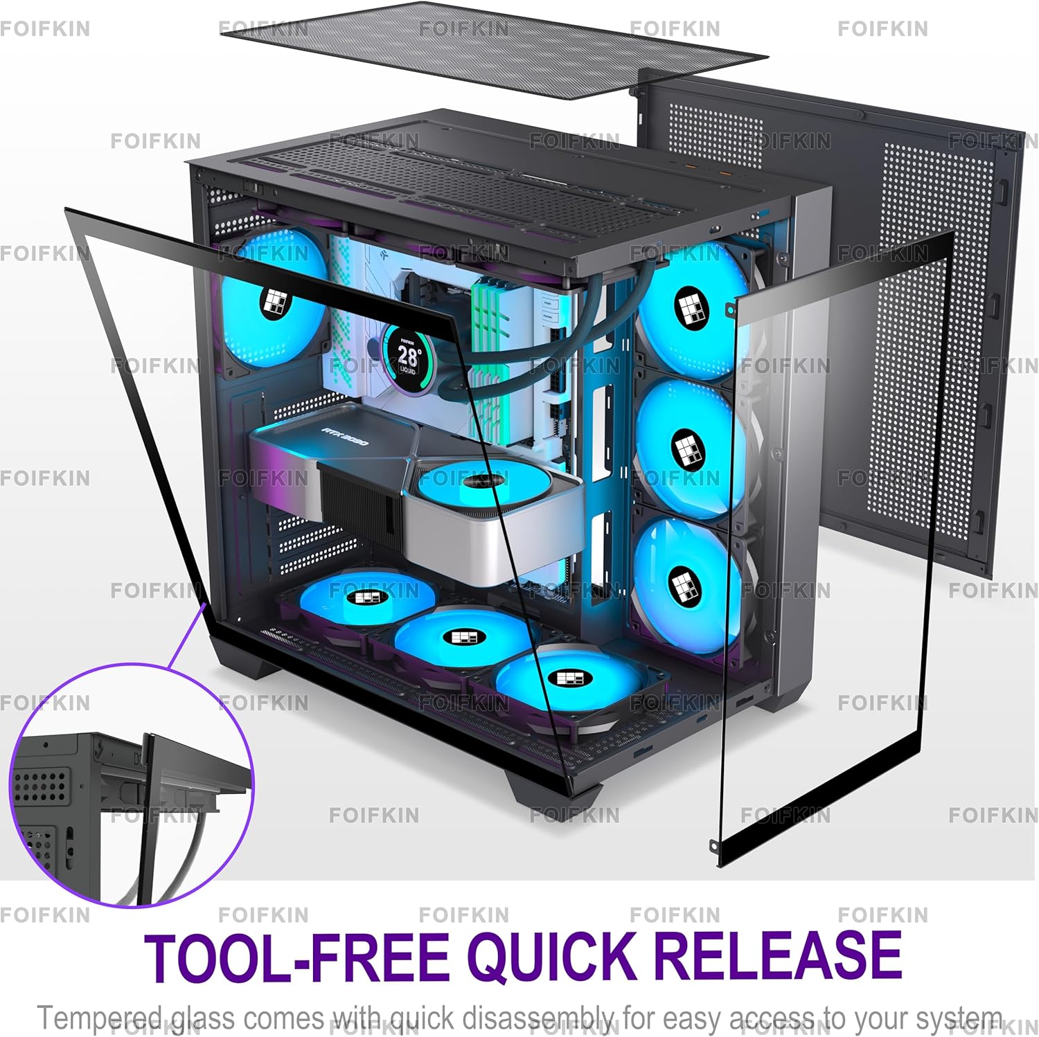 Thumbnail 1 de FOIFKIN F300: ATX Mid-Tower Gehäuse mit 7 PWM ARGB Lüftern, 360mm Radiator, Glasfront