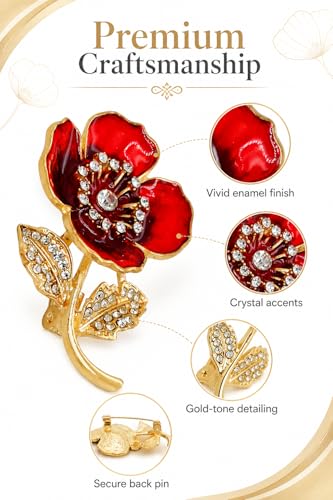 Detalle 2 de Jewellbox Red Poppy Flower Brooch in Alloy and Enamel, Red and Gold-Tone