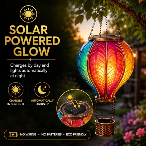 Detalle de Festive Lights 45cm Solar Hot Air Balloon Lantern – Rainbow Stain Outdoor Hanging LED Garden Light