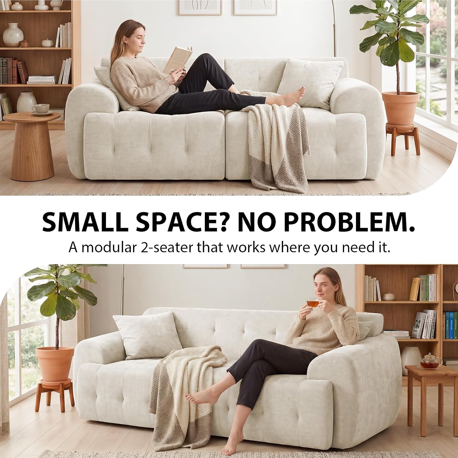 Detalle de COMHOMA B16 2-Seater Sofa, Beige Fabric, Foam Cushions, No Assembly