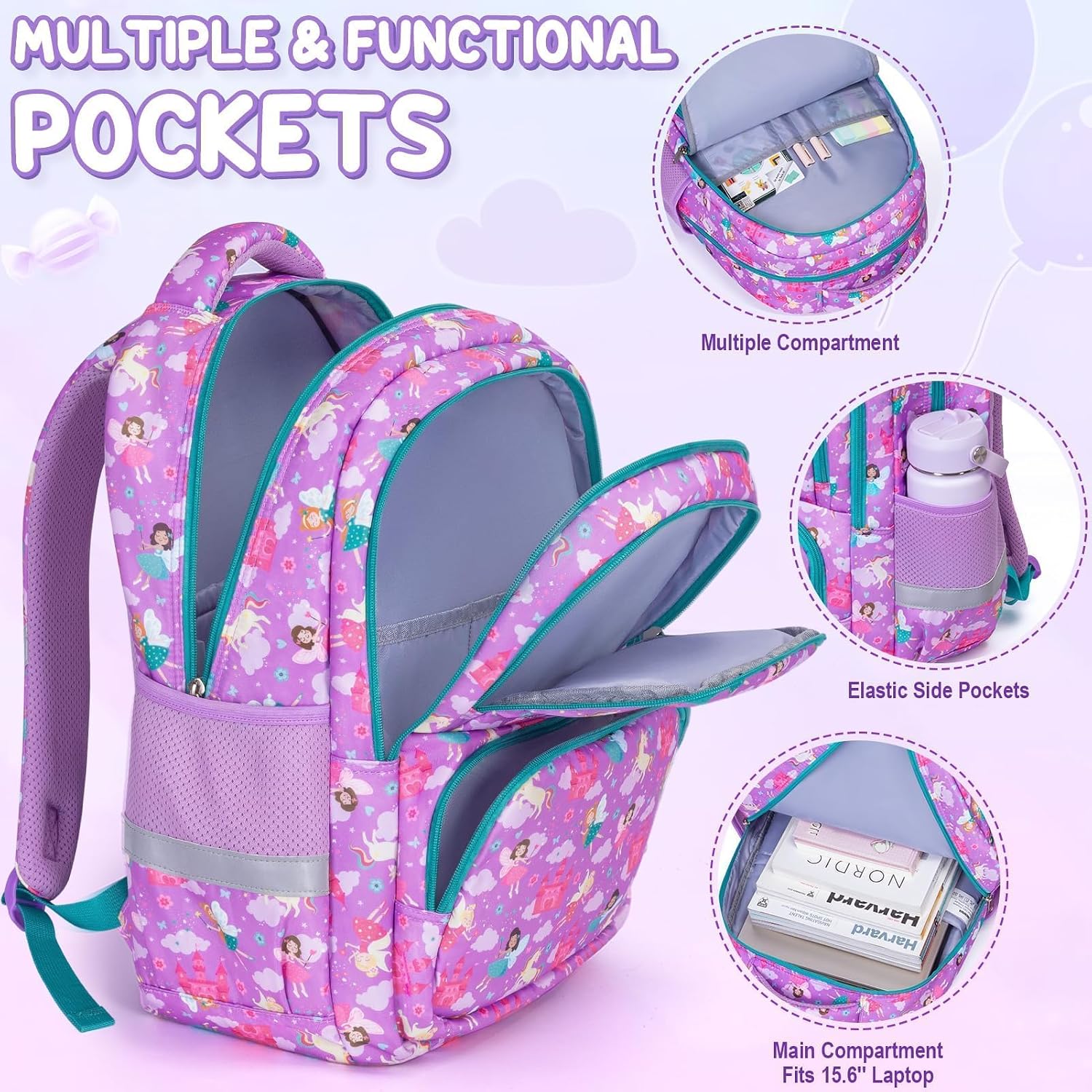 Detalle de Fimibuke 3-Piece Kids Backpack Set: Waterproof School Day Bundle for Girls (Rainbow)