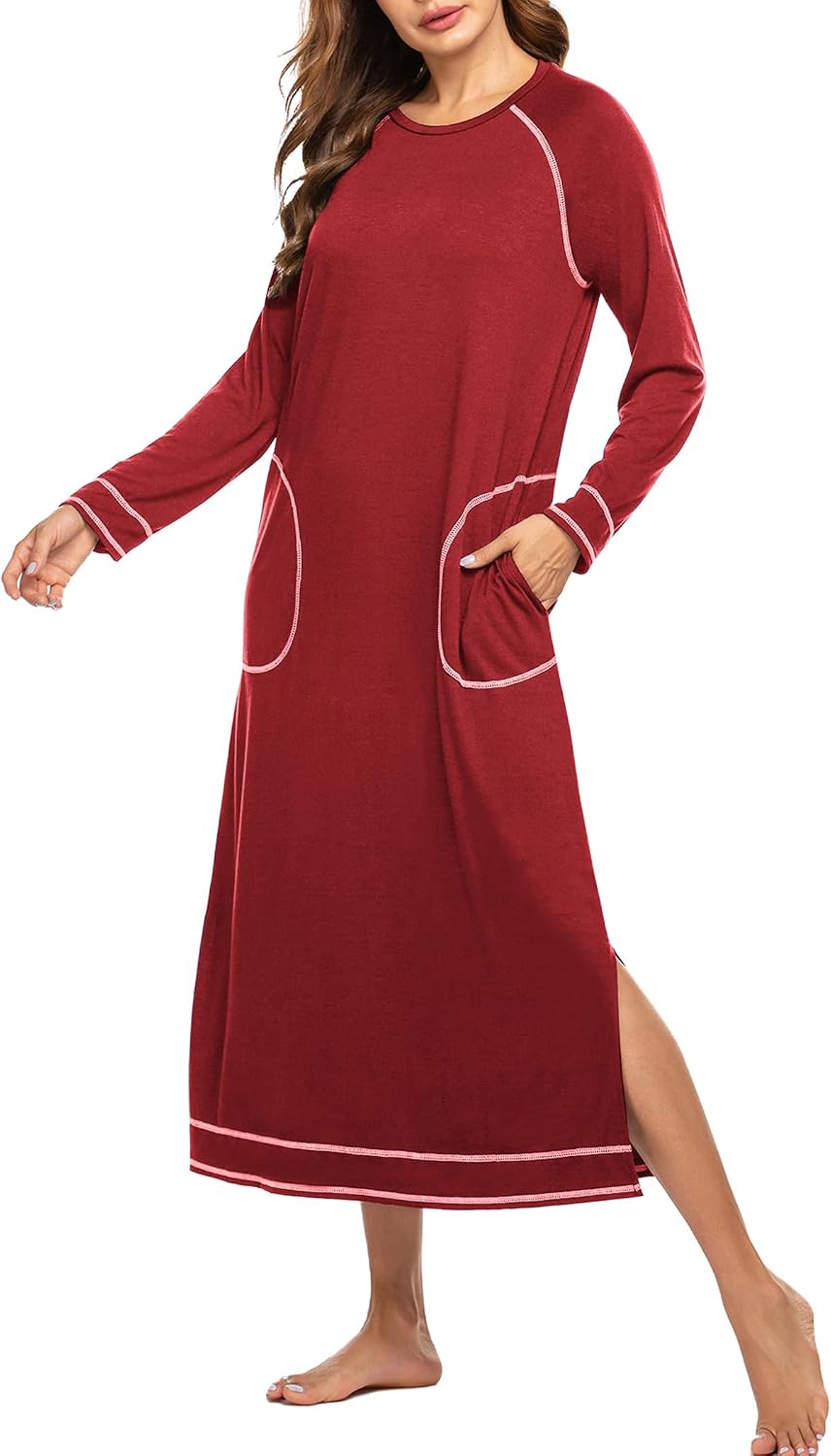 Detalle de Ekouaer Women's Full-Length Long-Sleeve Nightshirt with Pockets, S-XXL
