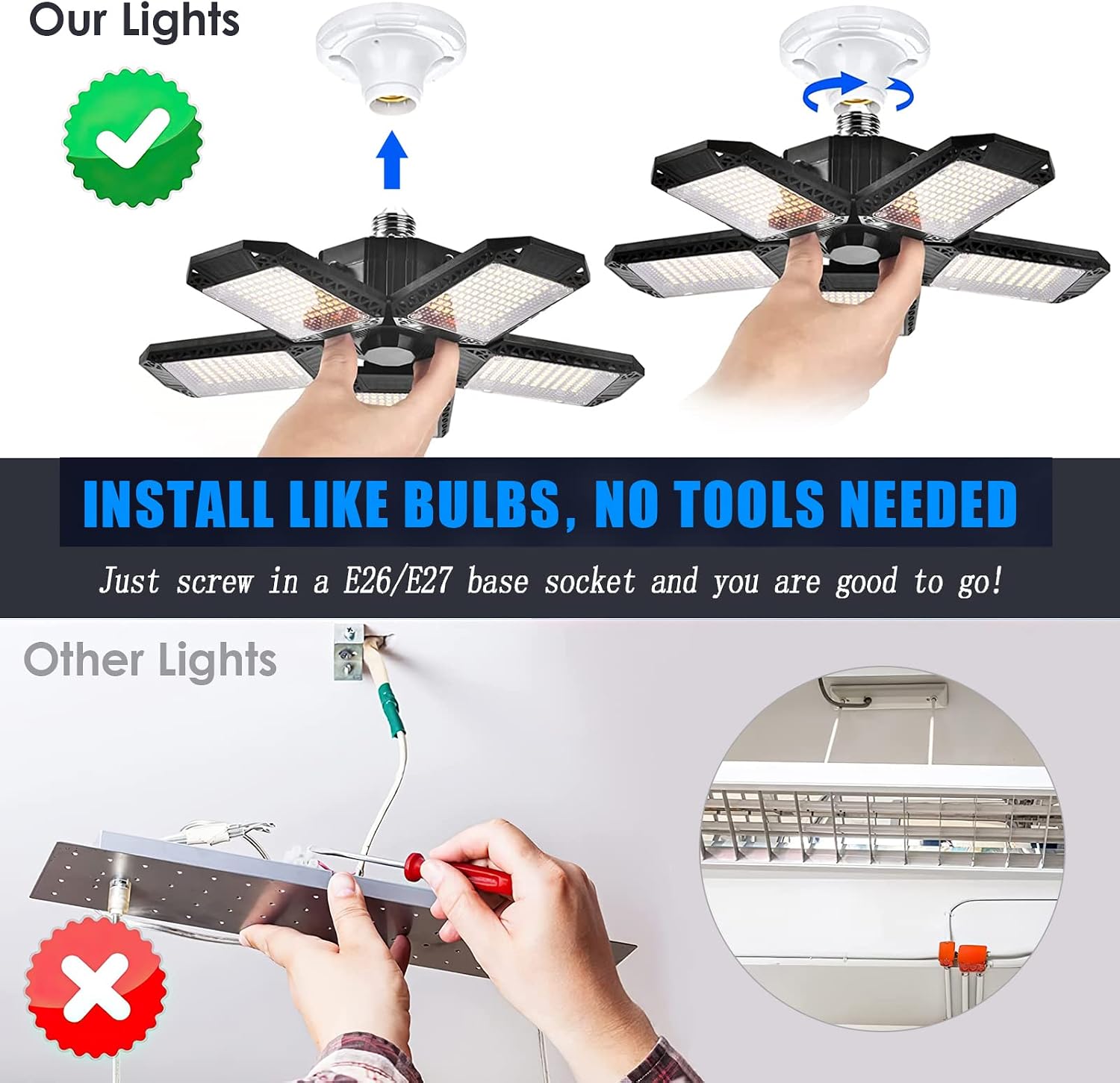 Detalle 2 de BNGGOGO 2 Pack 150W Deformable LED Garage Light with 5 Adjustable Panels (GOLEDLLT03UP)