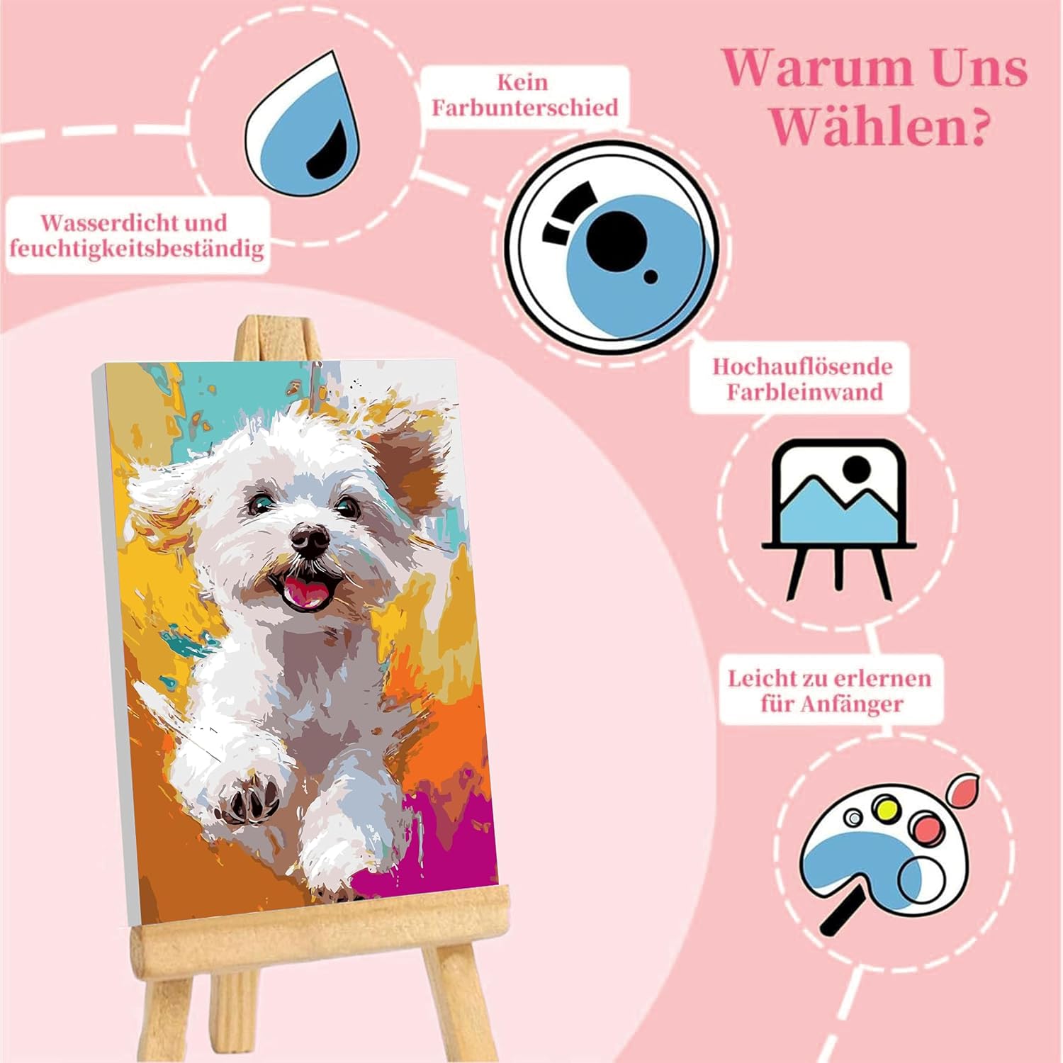 Detalle de Pujeknm Hund Malen nach Zahlen für Mädchen ab 5–7 Jahre mit Rahmen – Holzstaffelei, Acrylfarben & Set (30x20 cm, Süßes Hund)