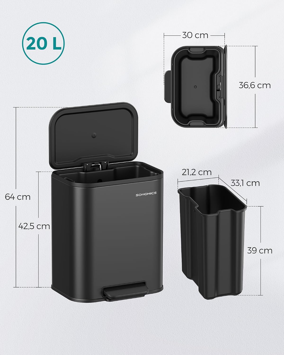 Thumbnail 5 de SONGMICS Mülleimer Küche 20 Liter mit Deckel, Treteimer aus Stahl, Softclose, Inneneimer – tintenschwarz (LTB542B02)