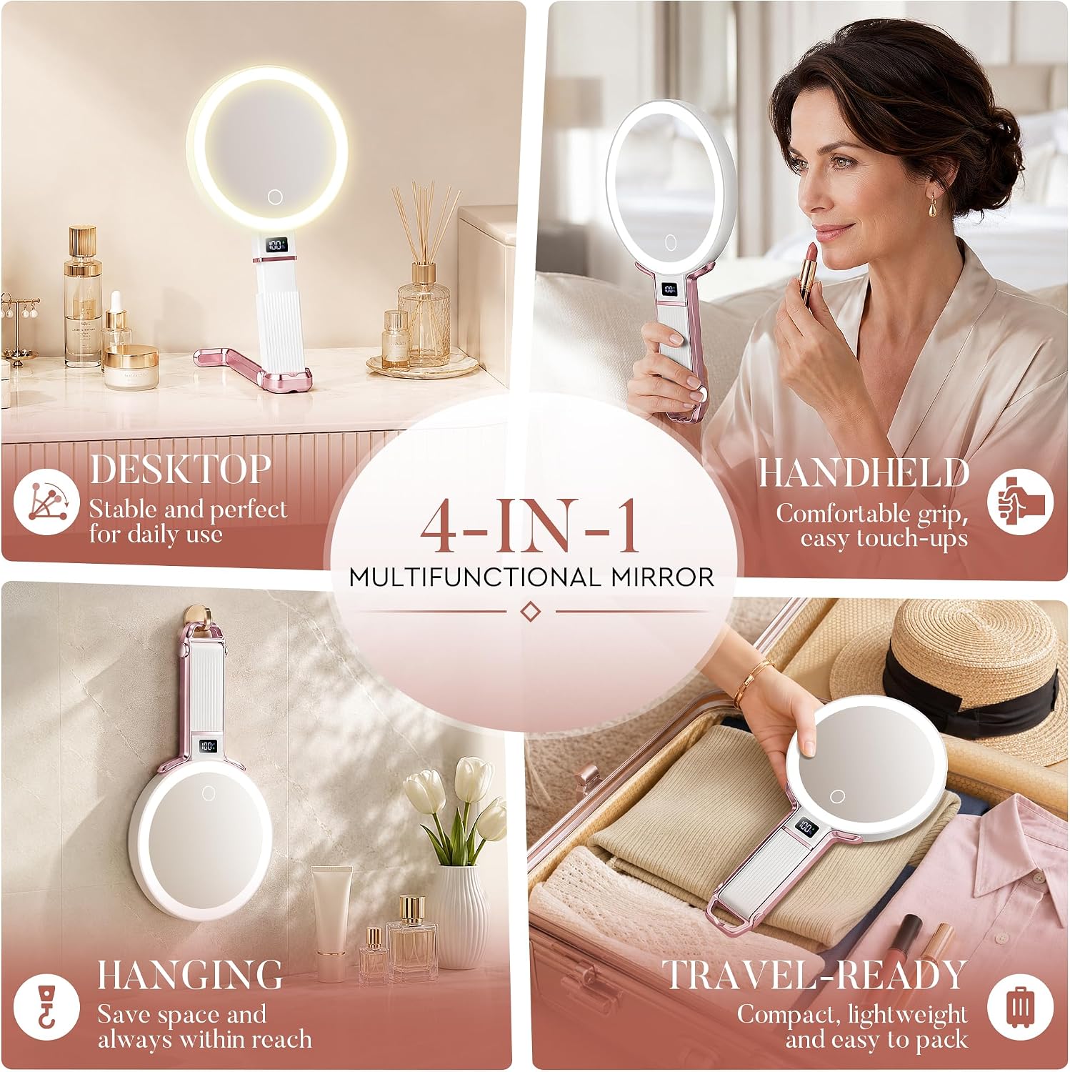 Thumbnail 6 de MIYADIVA Lighted Travel Makeup Mirror, 30X/1X, Adjustable Stand, Rose Gold