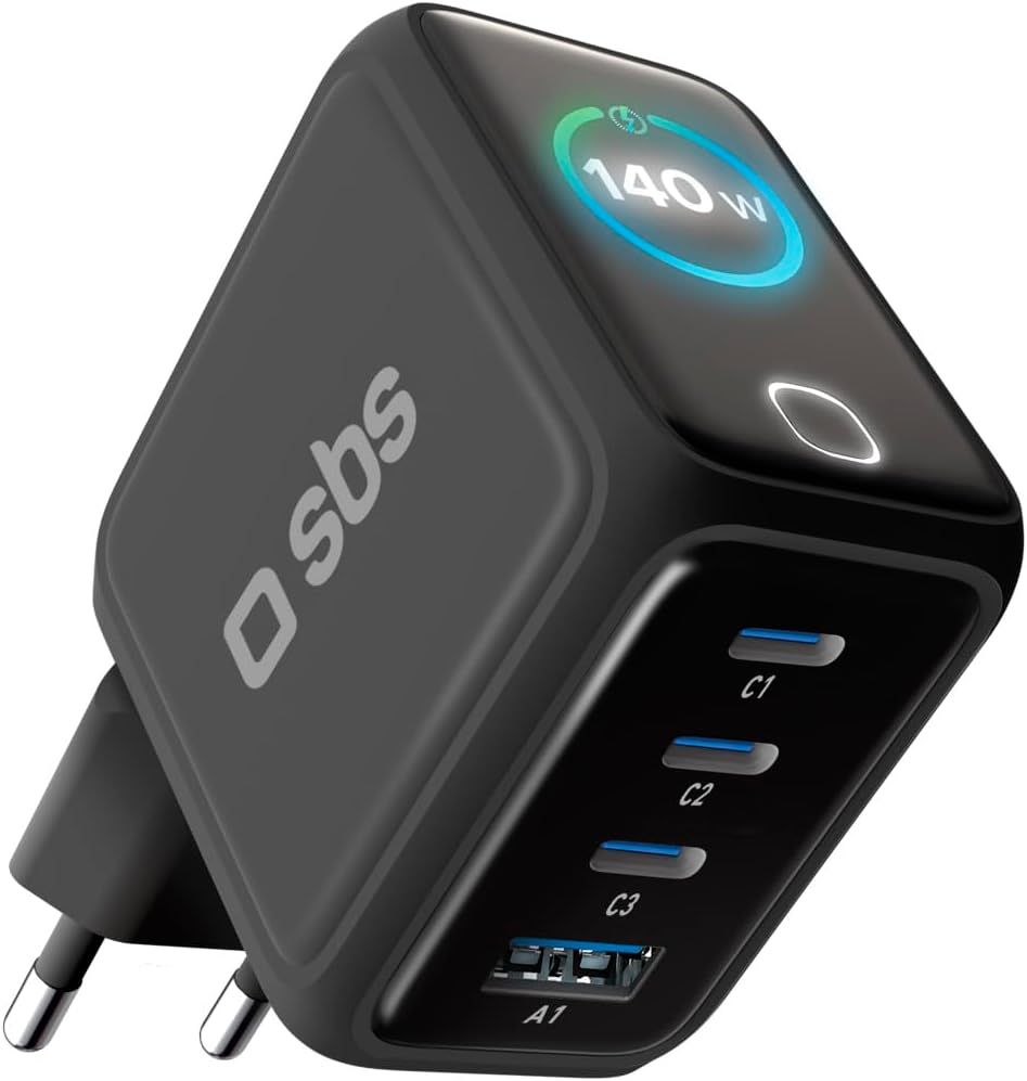 Detalle de SBS Pulse Power 140W USB-C: Caricatore GaN con 4 uscite e Display LCD per Notebook, Smartphone e Tablet