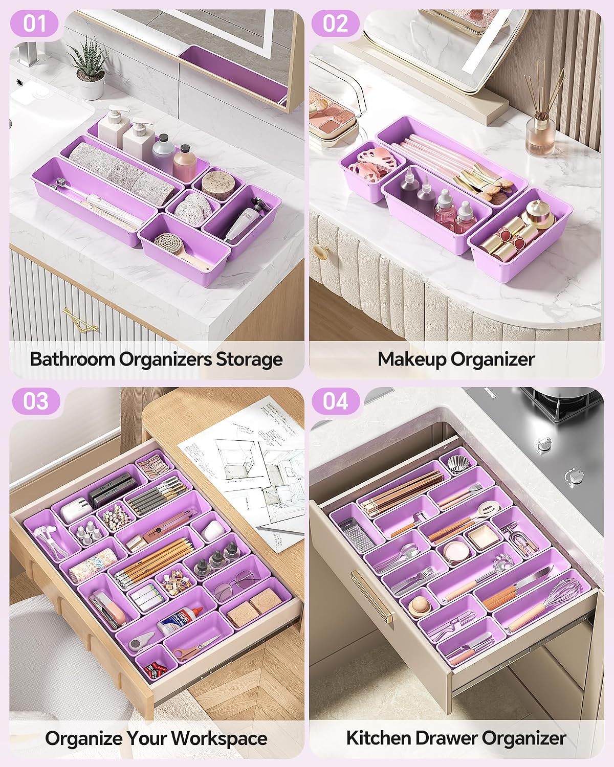 Detalle de Canfanni CT13-Purple 13-Piece Plastic Drawer Organizer Set, 3 Sizes