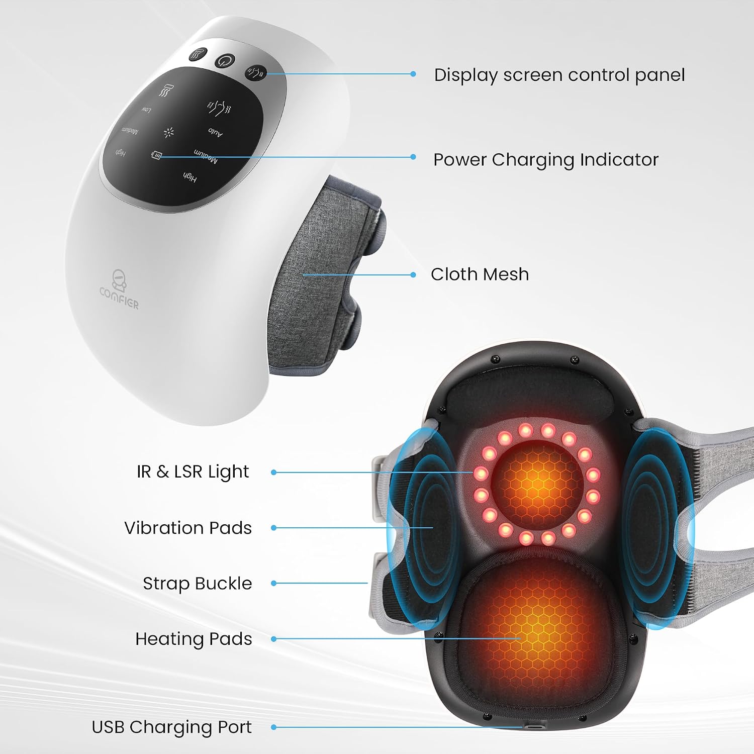 Detalle de COMFIER Knie-Massagegerät kabellos mit Rotlicht, LCD-Display, Wärme- & Vibrationsmassage (3 Temperaturen)