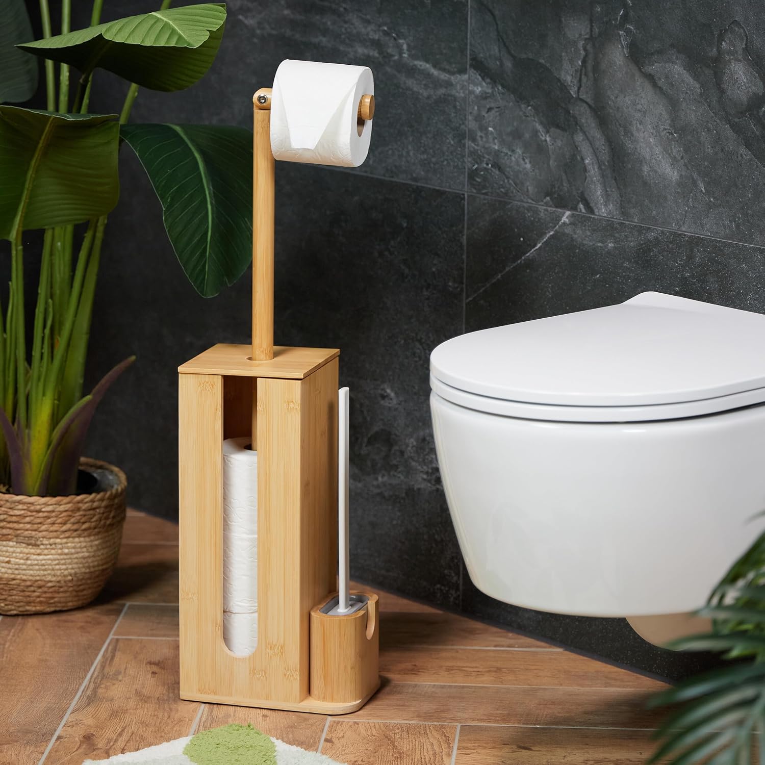Detalle de Relaxdays Bamboo Toilet Roll Holder and Brush Set, Freestanding 3-in-1