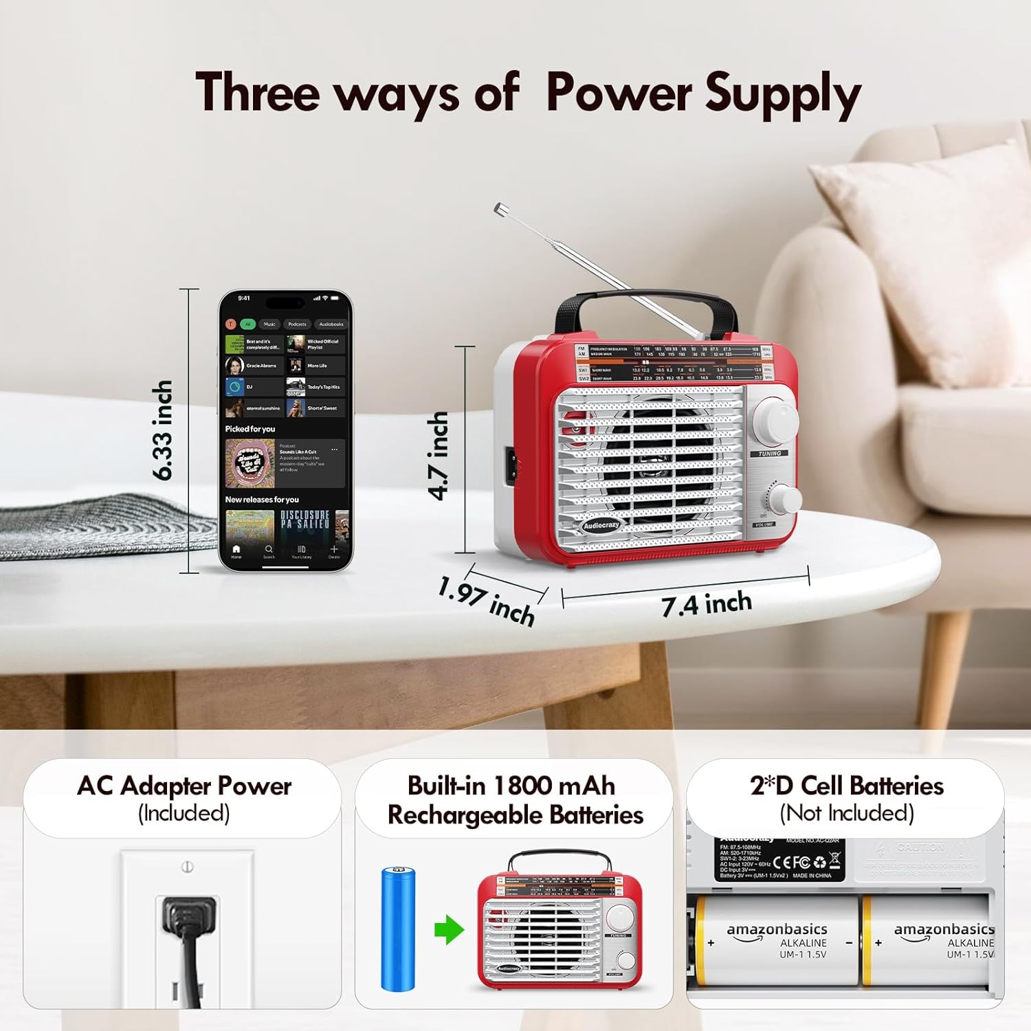 Detalle de Audiocrazy Radio portatile AM/FM 1800 mAh