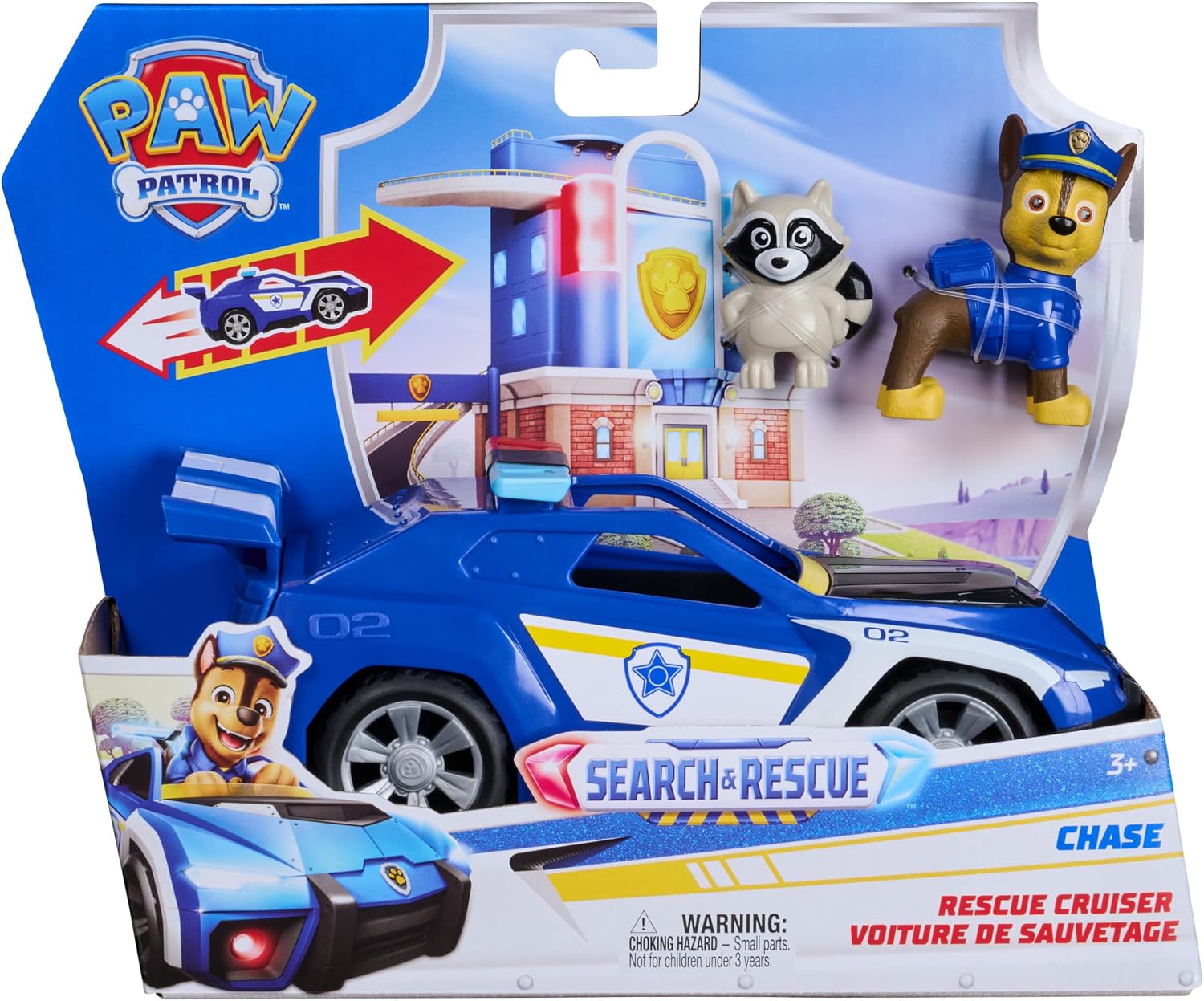 Detalle de Paw Patrol Pat Patrouille – Véhicule figurine Chase Search & Rescue Mission (voiture enfant à propulser)