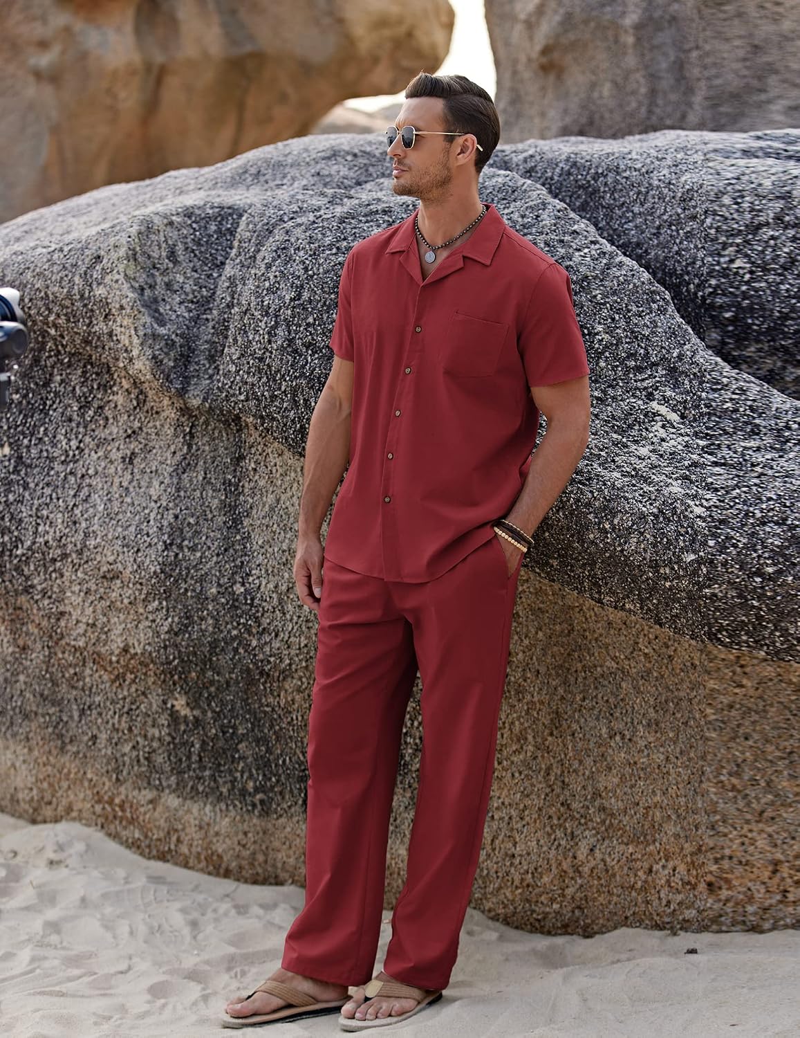Detalle 2 de COOFANDY ZTJ008586 Men’s Linen-Blend Beach Set with Camp-Collar Shirt