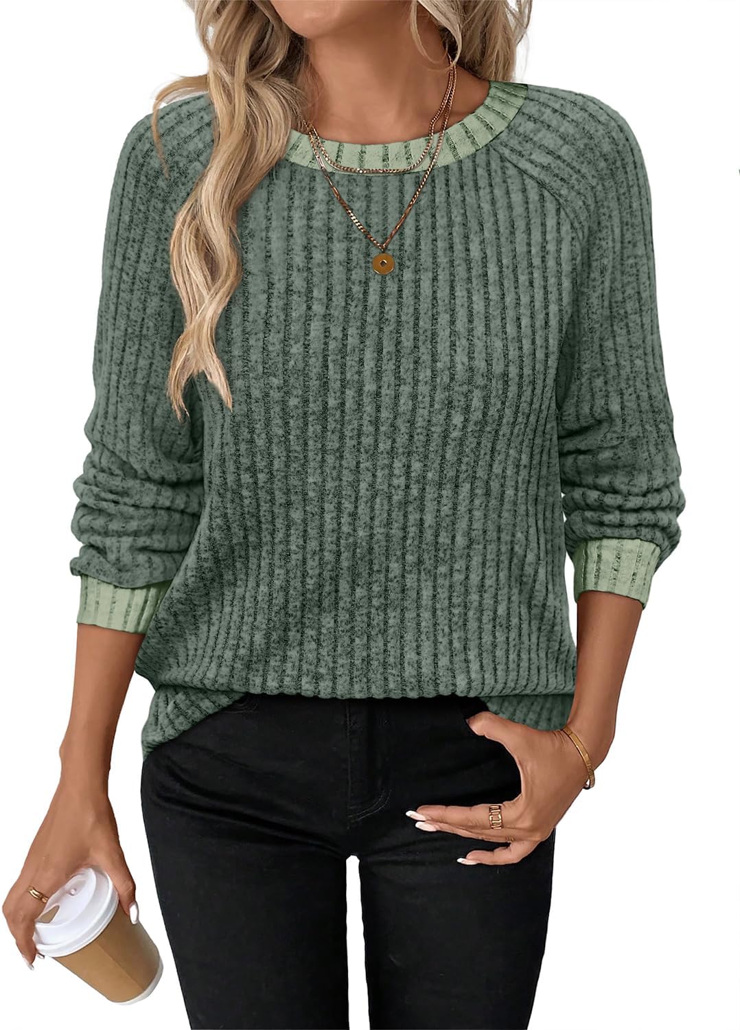 Thumbnail 1 de WIHOLL Long-Sleeve Crewneck Sweatshirt for Women, Lightweight Colour-Block Design