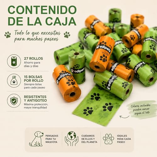 Detalle de Edipets: Bolsas Caca Perro Biodegradables Extra Gruesas, 405 o 540 unidades (27 o 36 rollos)