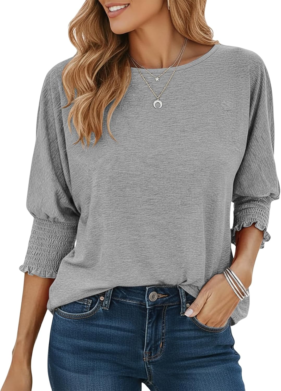 Detalle 2 de Cuptacc Damen Langarmshirt mit Rundhalsausschnitt – lose Tunika-Optik mit 3/4-Ärmeln