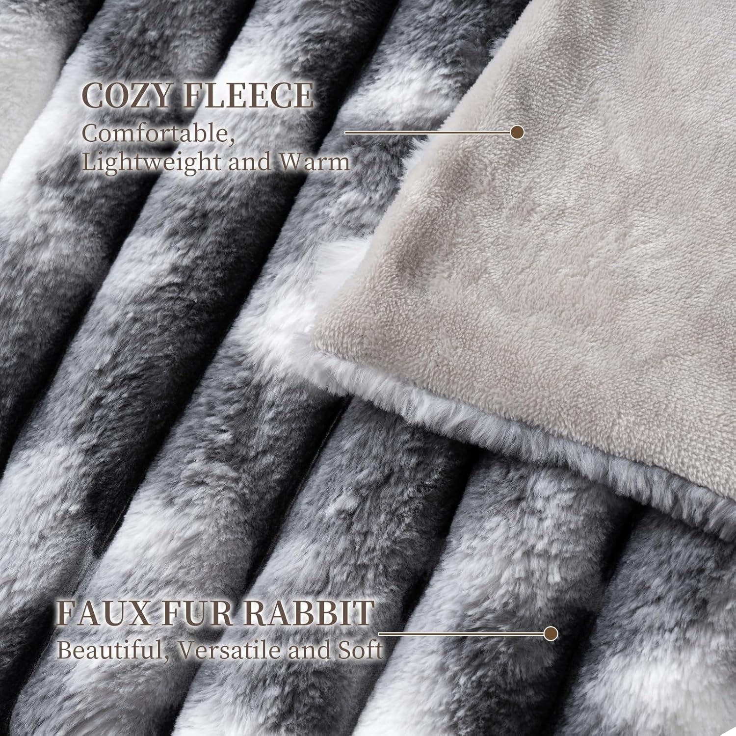 Detalle 2 de Vamcheer Couverture de Canapé Chaud — Plaid XXL en Fausse Fourrure d’Lapin Tie-Dye Gris