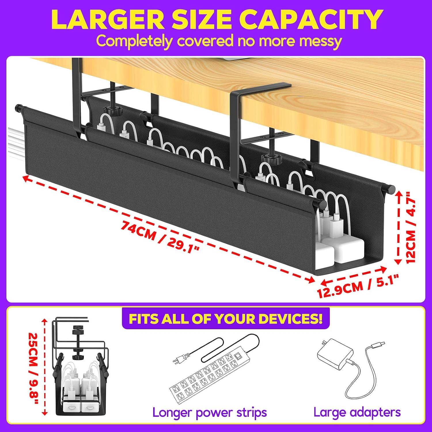 Thumbnail 3 de REFLYING 74cm Cable Management Tray – Under Desk Clamp Cable Organiser (No Drill) for Standing Desks
