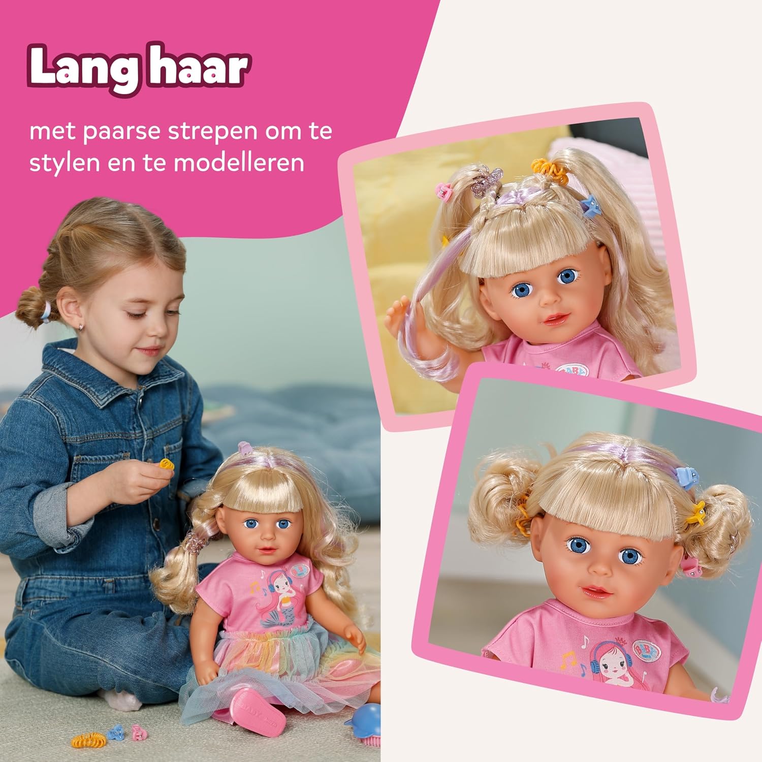 Detalle de BABY born Carla 43 cm stylingpop met lang blond haar en 7 accessoires