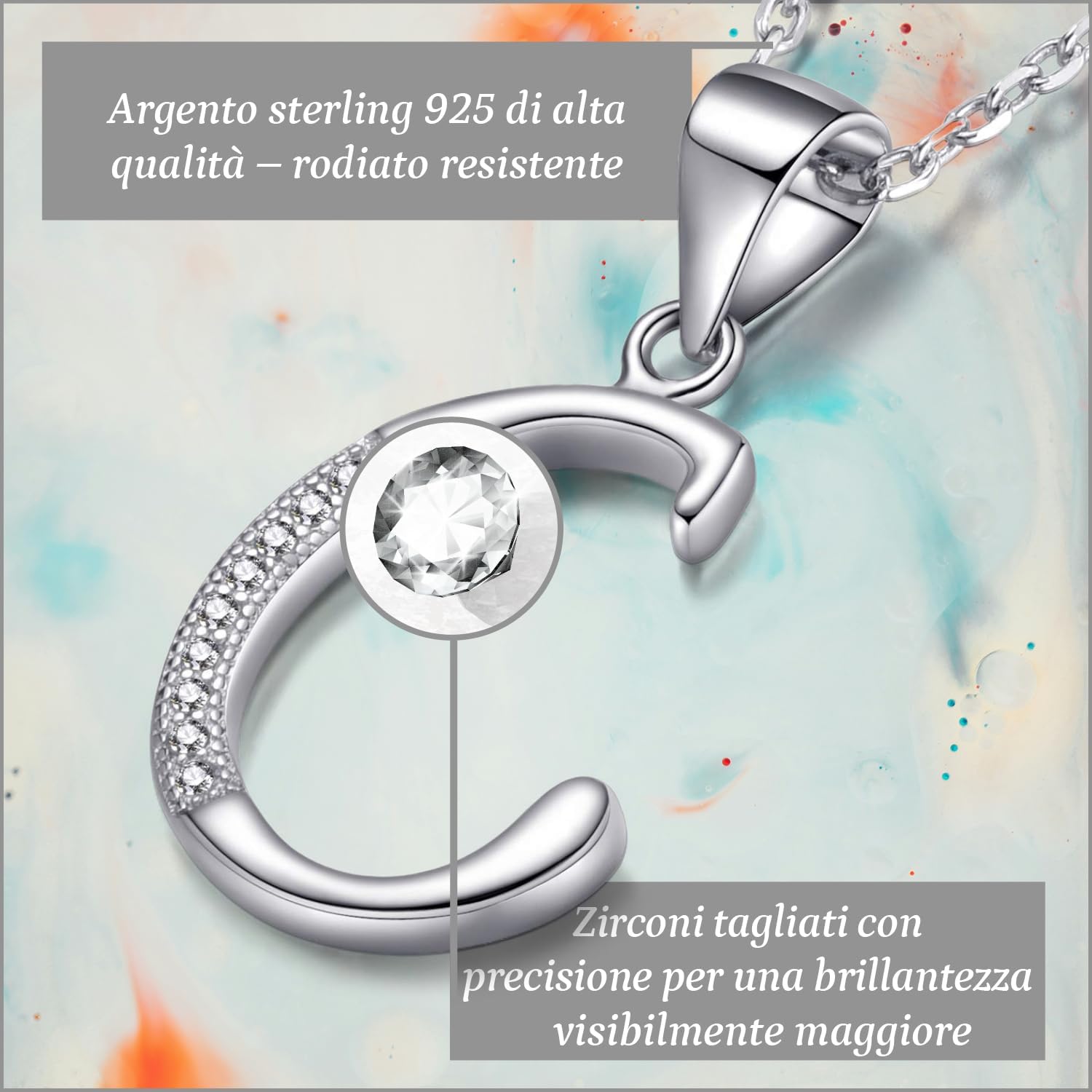 Detalle 2 de Morella Collana donna in argento 925 rodiato con ciondolo lettera C e zirconi bianchi, 45 cm