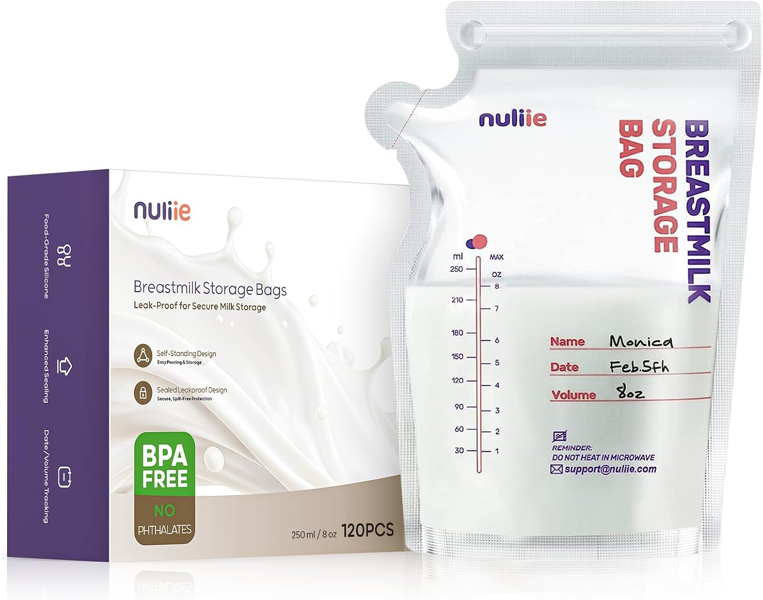 Nuliie 120 Pcs Breast Milk Storage Bags with Pour Spout and Pre-Sterilised Design