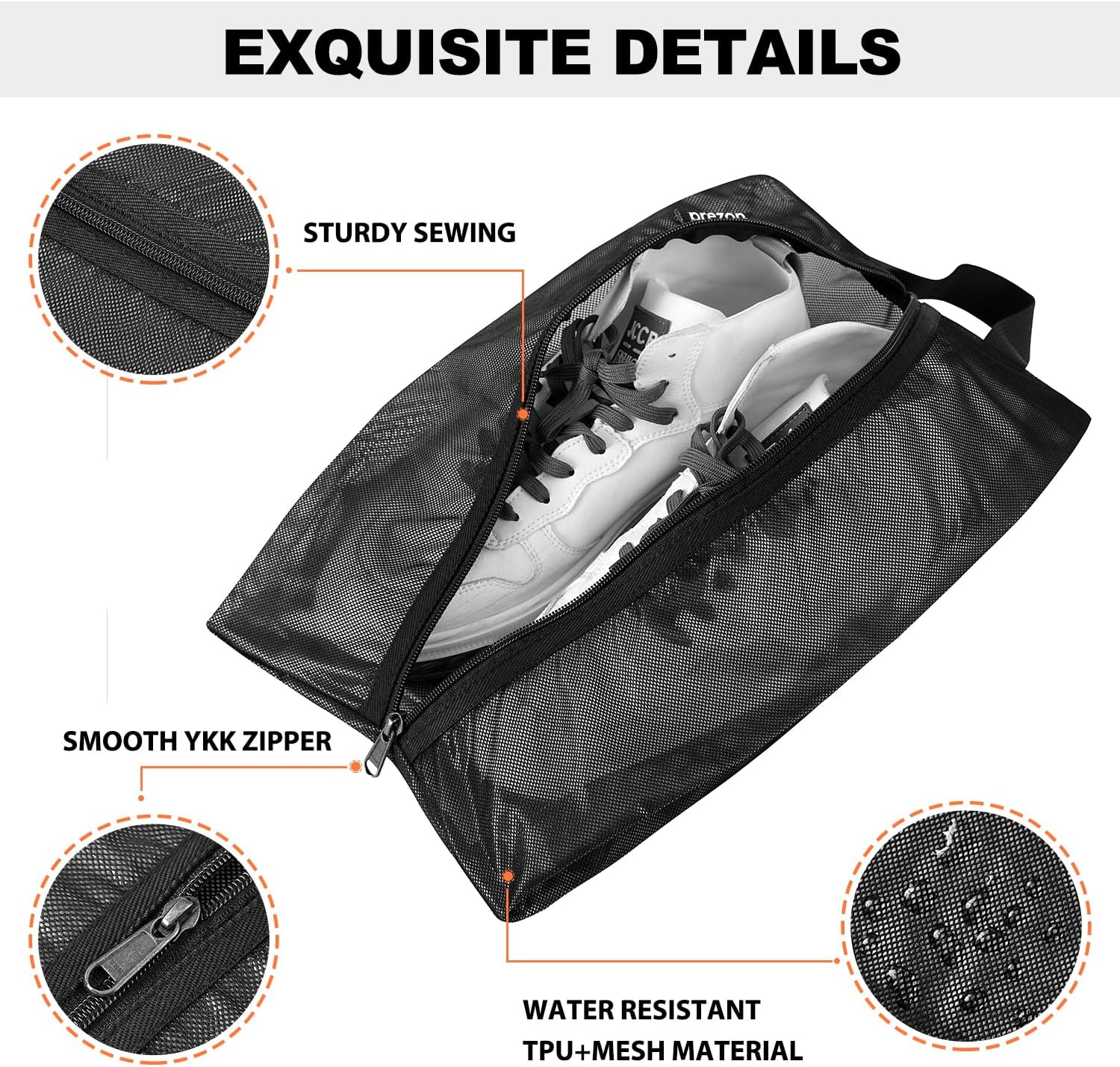 Detalle de Prezon Sac à Chaussures de Voyage en Maille TPU imperméable – fermeture YKK et grande capacité