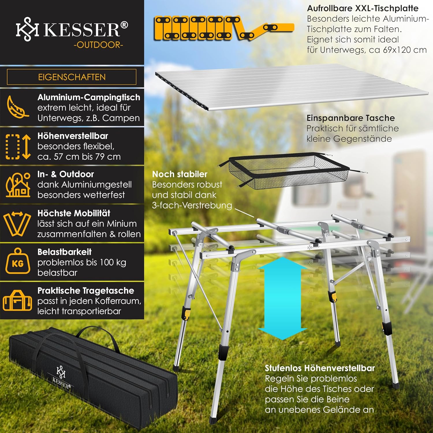 Thumbnail 2 de KESSER Campingtisch faltbar Klapptisch mit Aluminiumrahmen, 120x70 cm, höhenverstellbar bis 79 cm, Traglast 100 kg