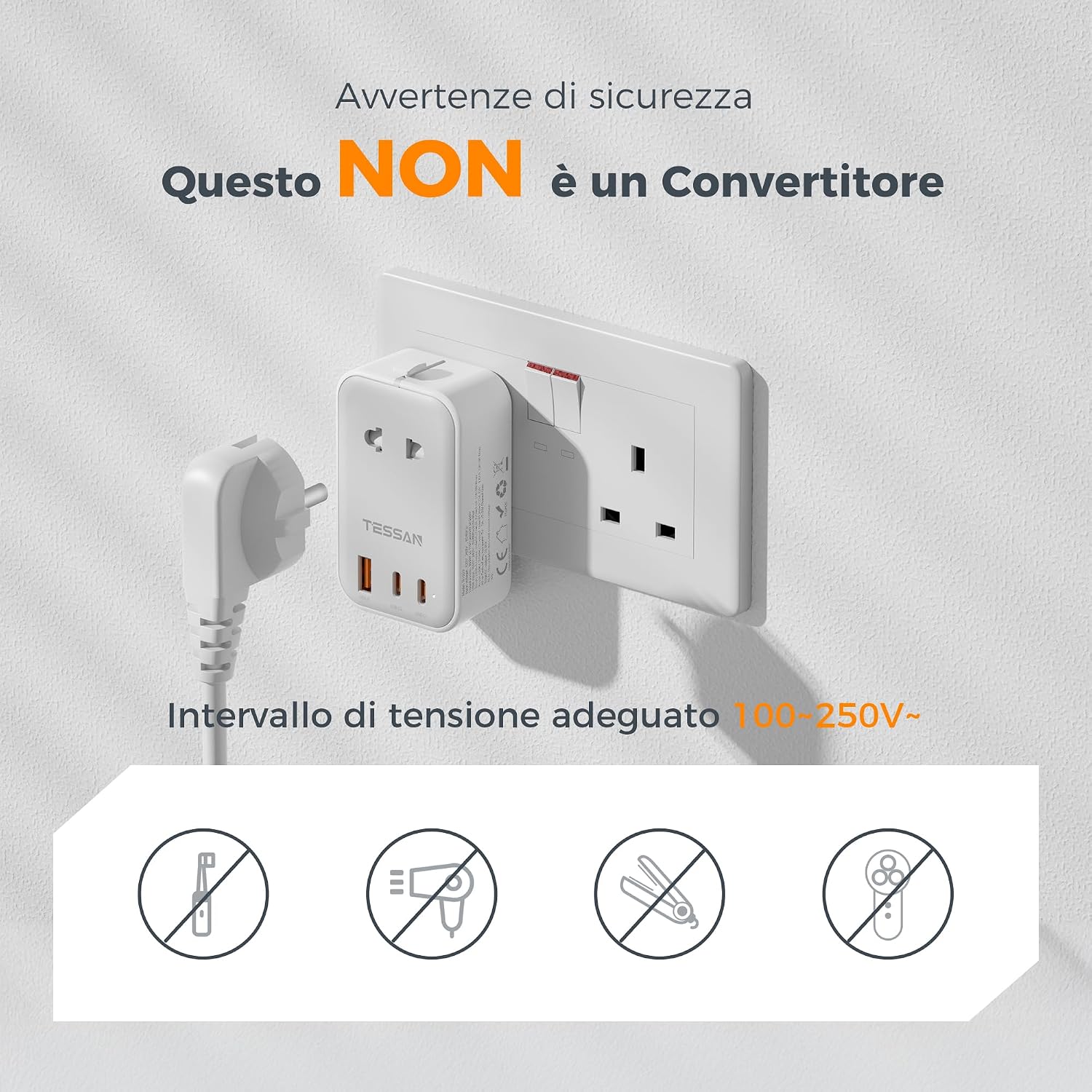 Detalle 2 de TESSAN Adattatore da Viaggio Universale PD 20W: 4-in-1 con 2 USB-C e 1 USB-A
