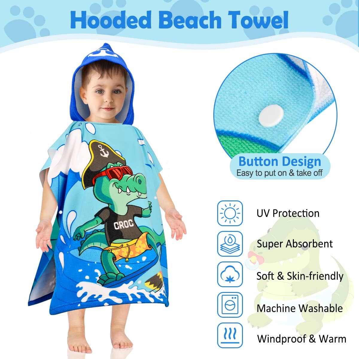 Thumbnail 3 de BTNEEU Poncho de Bain Enfant Crocodile – Serviette de Bain à Capuche 2–6 ans