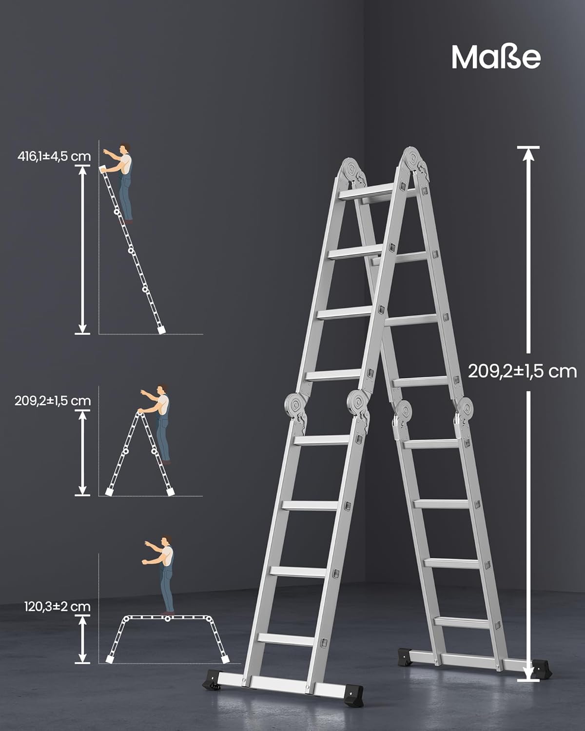 Thumbnail 4 de SONGMICS GLT046E01 Mehrzweckleiter aus Aluminium (4 x 4 Stufen, bis 150 kg, 16 Stufen, 6 Positionen, 430 cm, silbern)