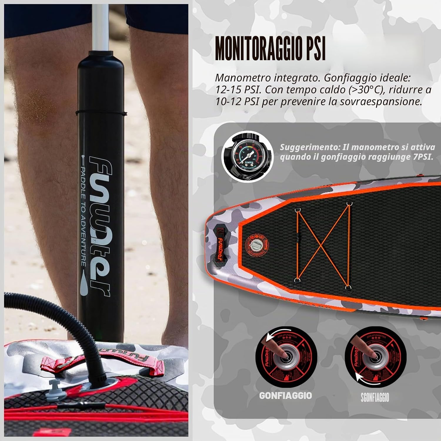 Detalle de FunWater Sup Gonfiabile Portatile: tavola da surf SUP completa di accessori, ideale per adulti e ragazzi