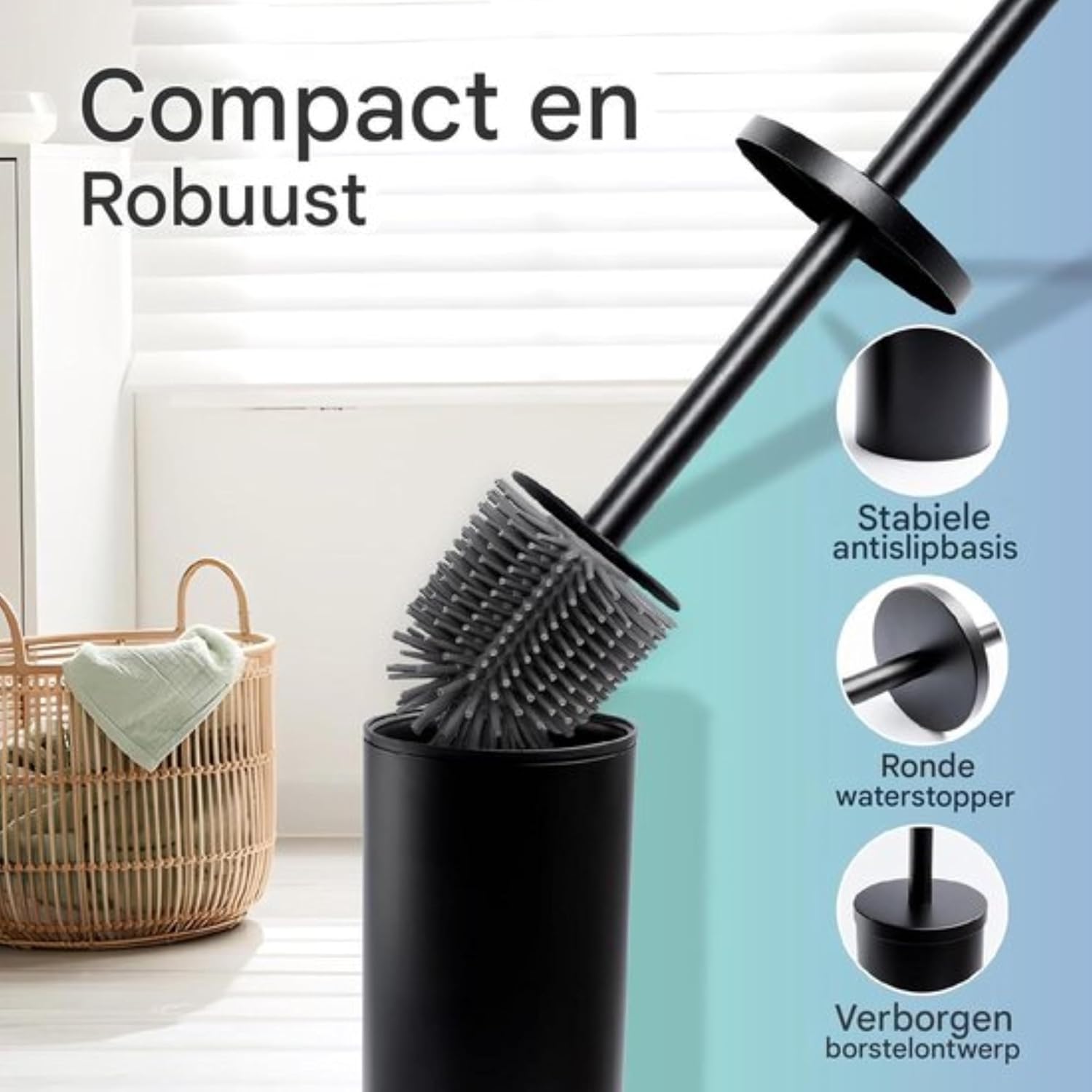 Detalle de DITI toiletborstel met houder en 2 borstelkoppen, RVS en zwart silicone