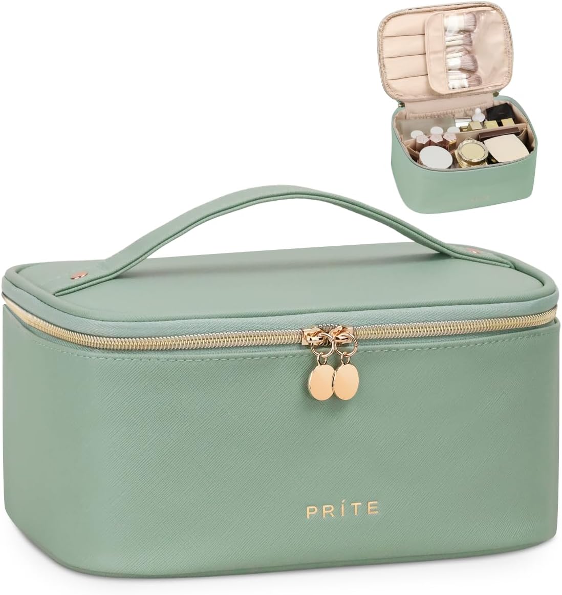 Detalle de Prite Large Makeup Bag for Women – Waterproof Vegan Leather Travel Cosmetic Case (Green)