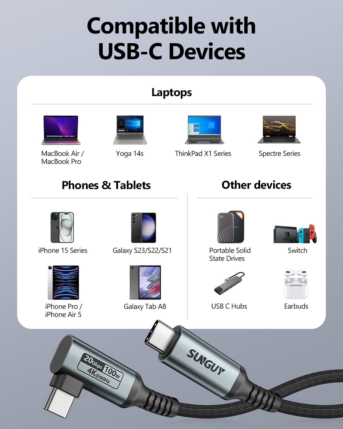 Thumbnail 6 de Câble USB‑C vers USB‑C SUNGUY 3 m (100 W, 20 Gbps, 4K@60 Hz, angle 90°)