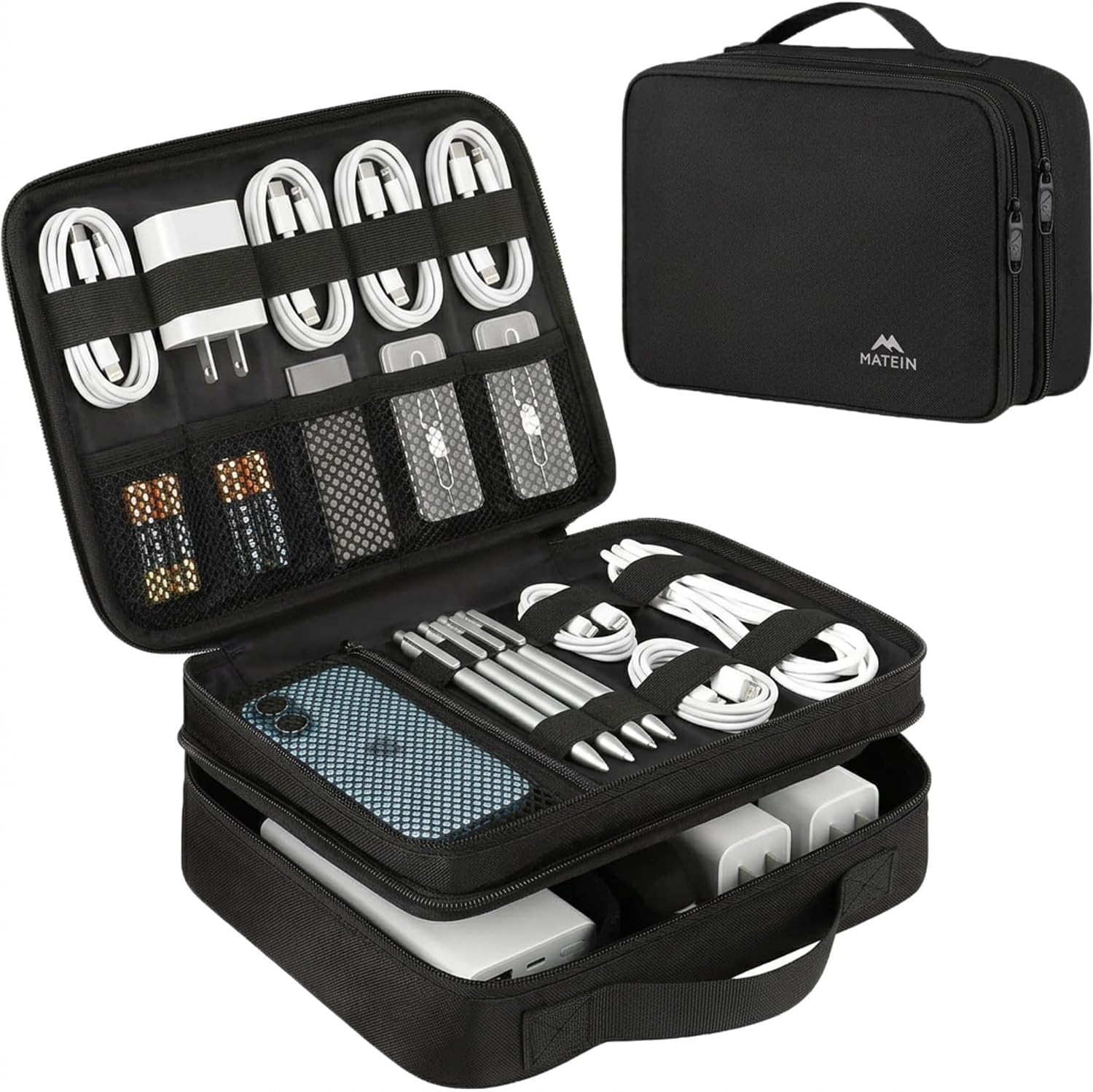 Detalle de MATEIN 2-laagse kabelorganizer van nylon met uitneembare verdelers