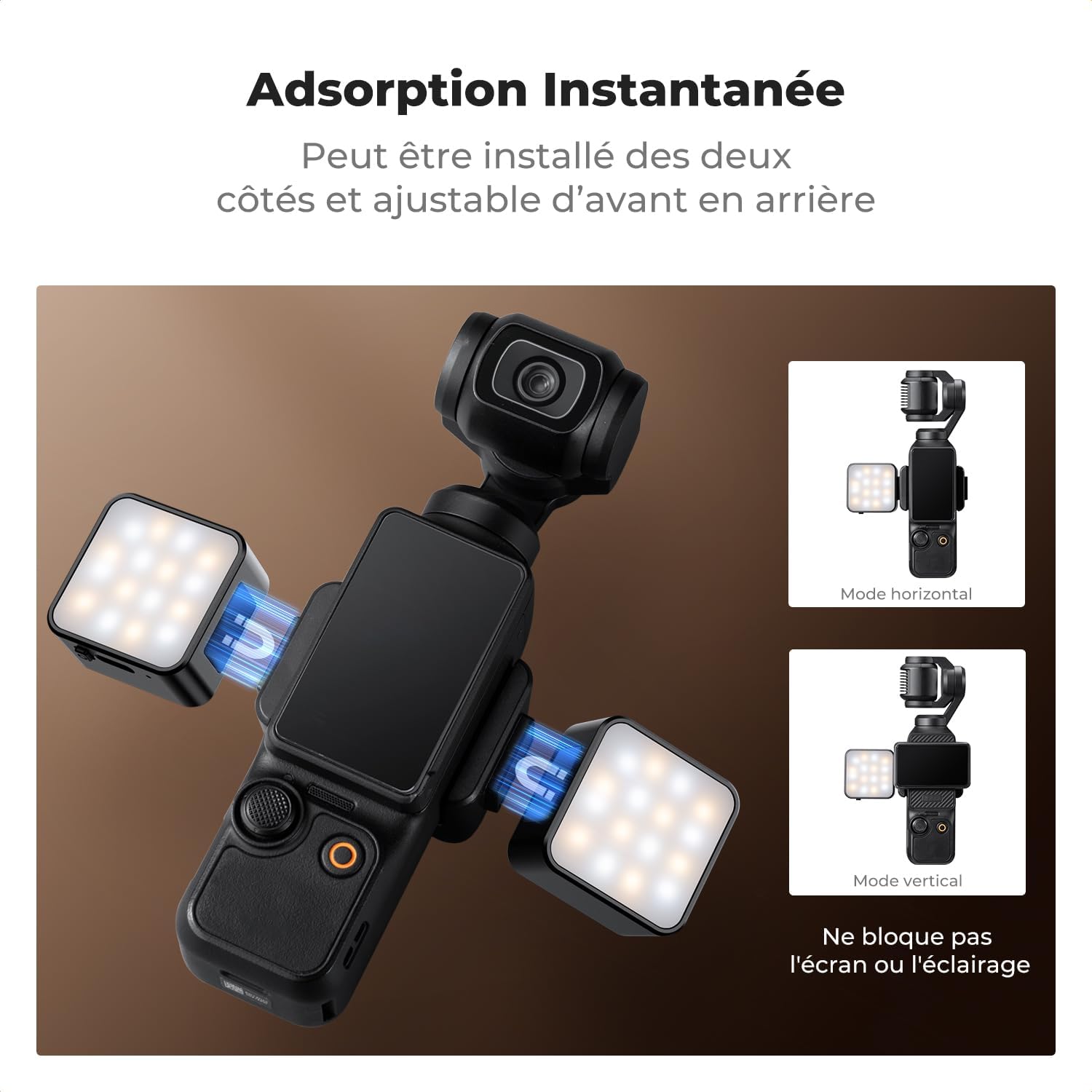 Detalle 2 de K&F CONCEPT LM61 Mini Lumière Magnétique pour DJI Osmo Pocket 3/4 — LED USB‑C 1W, 3000K/4500K/6000K, 2 niveaux de luminosité