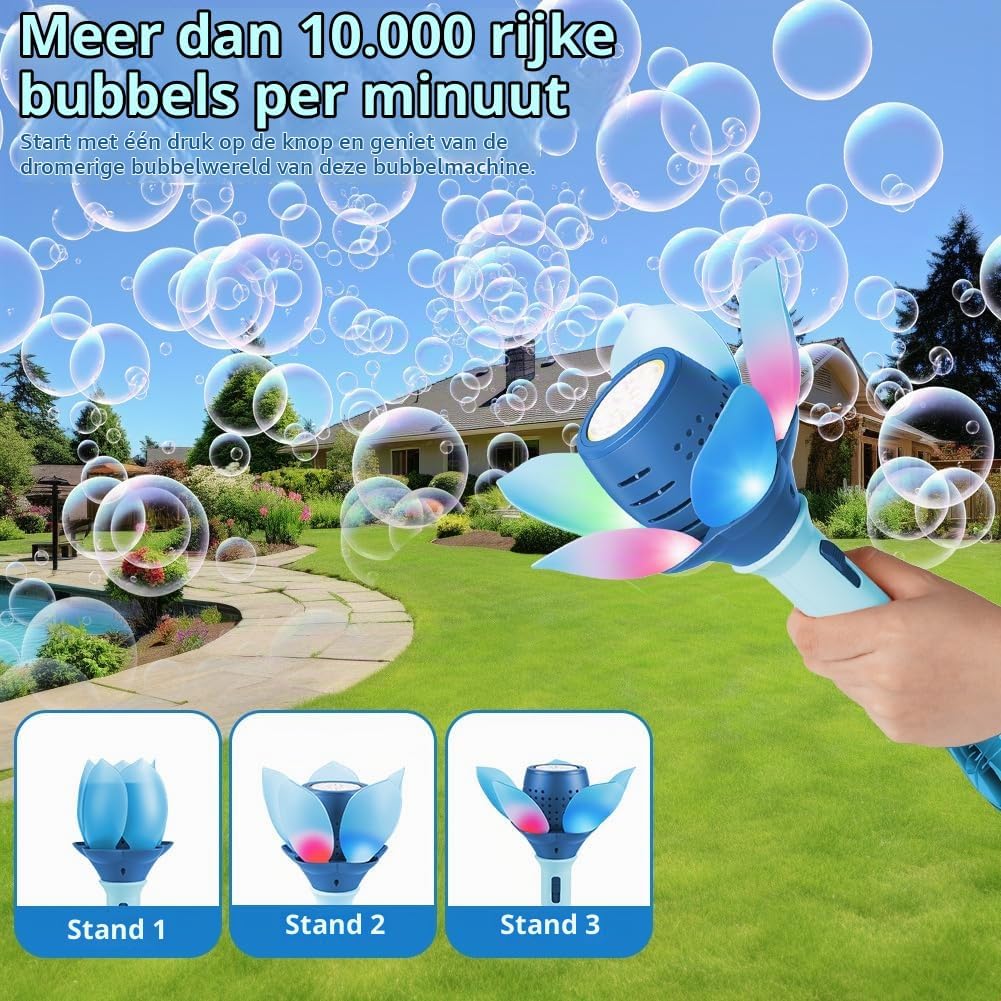 Detalle de AUAUY automatische zeepbellenmachine met lotusdesign, led en oplaadbare batterij