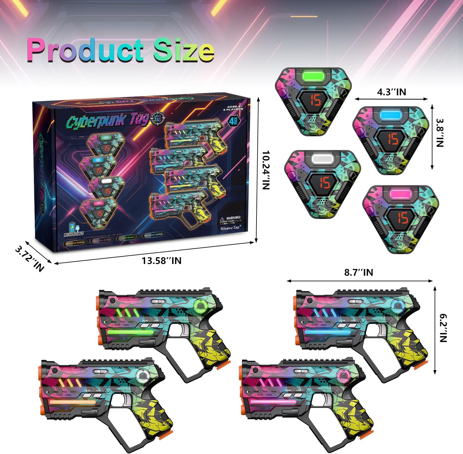 Thumbnail 4 de Rechargeable Laser Tag Set of 4 (Cyberpunk) with Vests, 150ft Infrared Range