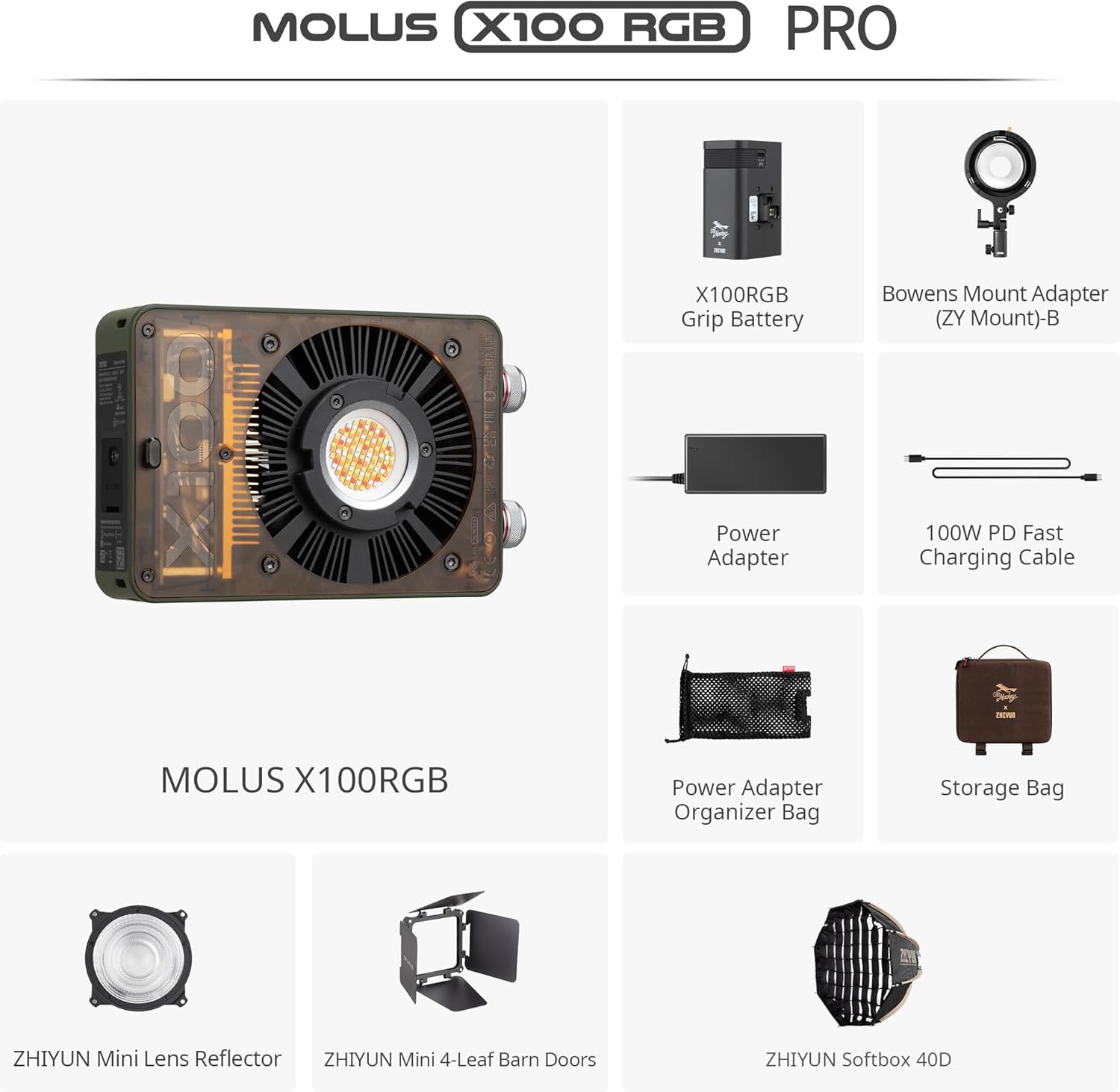 Thumbnail 1 de ZHIYUN MOLUS X100 RGB PRO 100W Video Light (V2 Upgraded) – Portable 2500K–10000K, CRI≥95, TLCI≥97