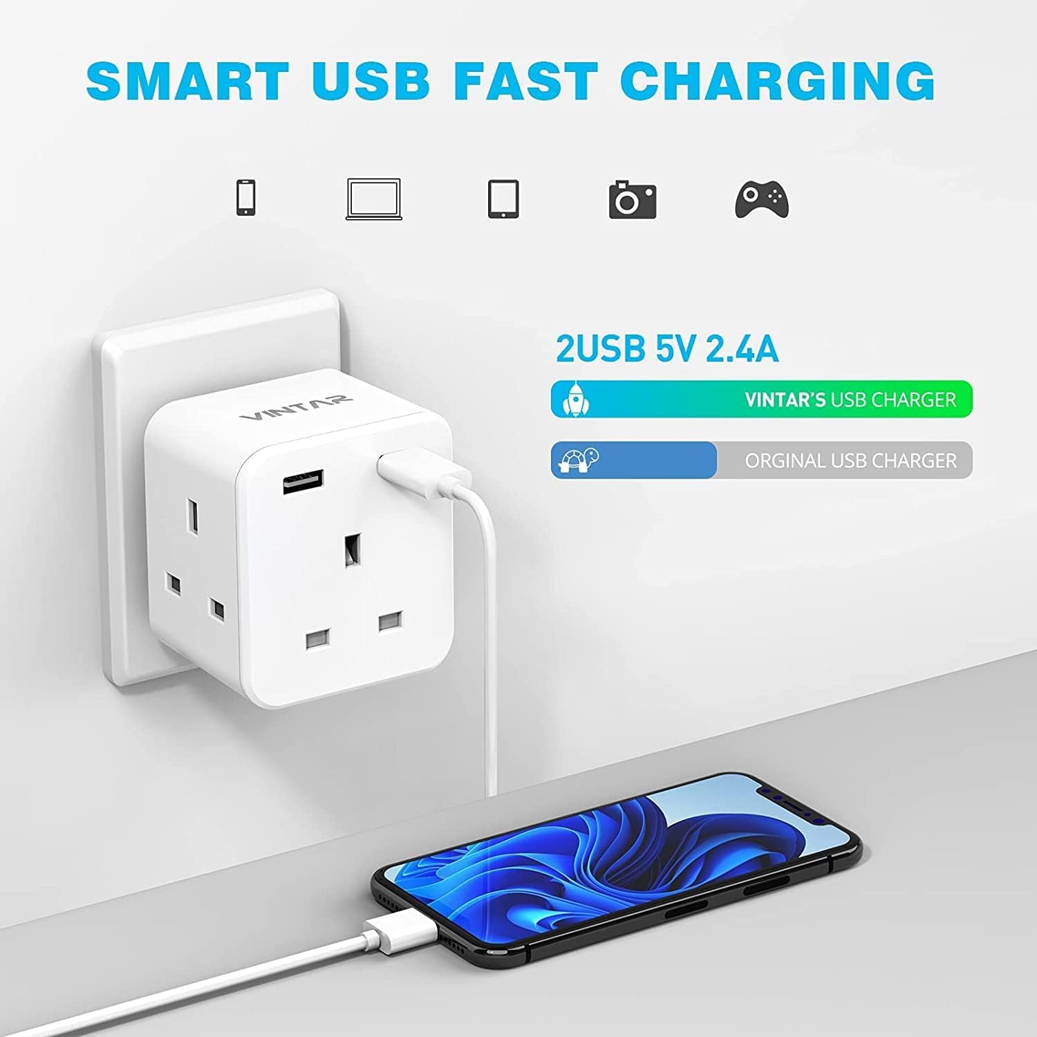 Thumbnail 3 de VINTAR Plug Adaptor with 2 USB and 3-way UK 13A socket extension (White)