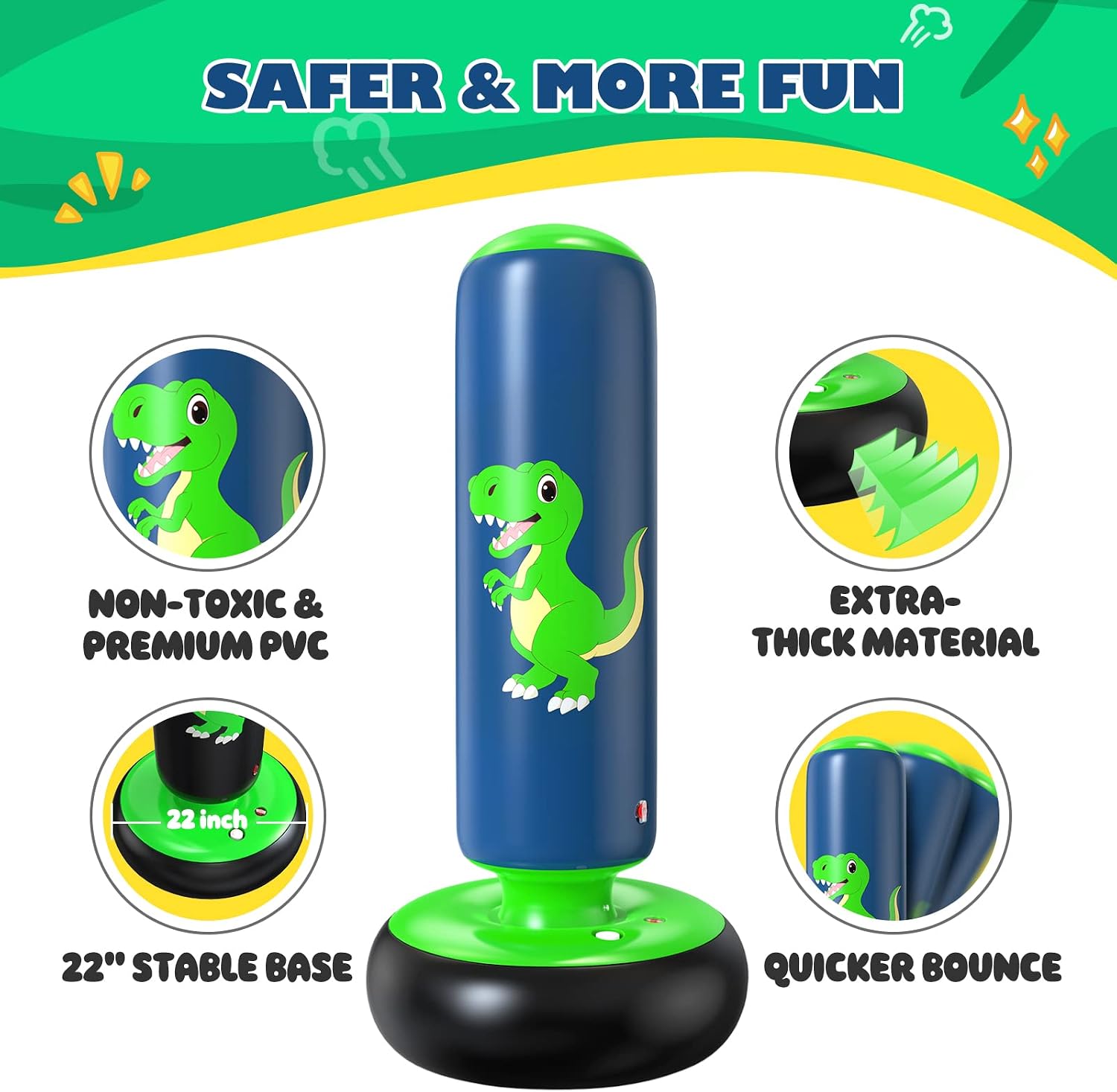 Detalle de QPAU QL033A Inflatable Punching Bag for Kids, 48-Inch Dinosaur Design