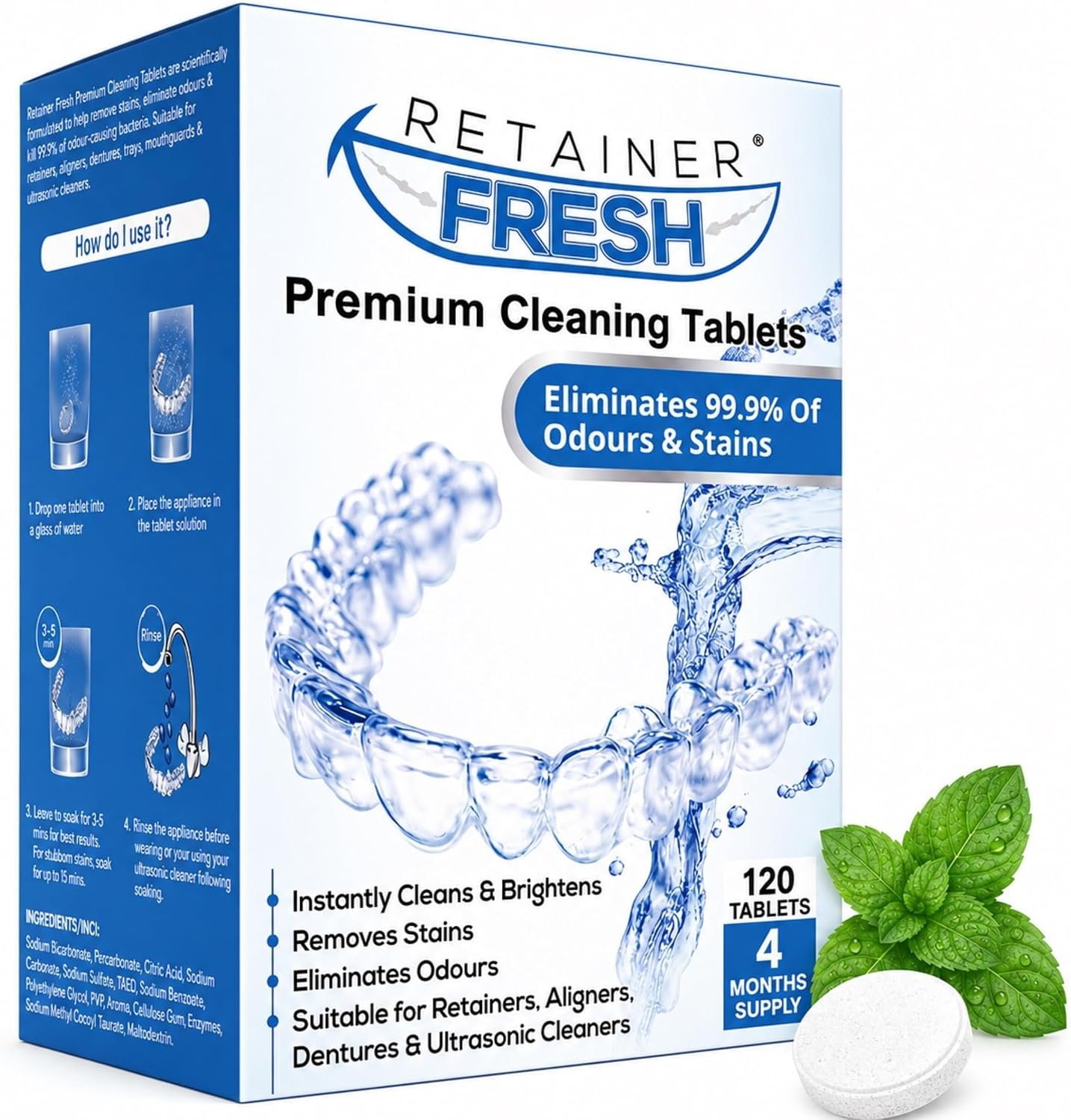 Detalle de Retainer Fresh 120tablets reinigingstabletten voor beugels, 120 stuks met muntgeur